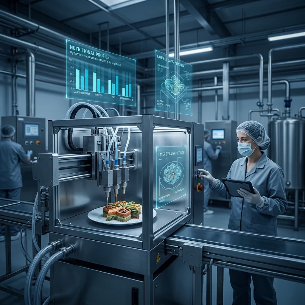 Technicians observing a 3D food printer producing a layered meal in a food manufacturing facility with holographic nutritional profile displays and multi-nozzle printing system