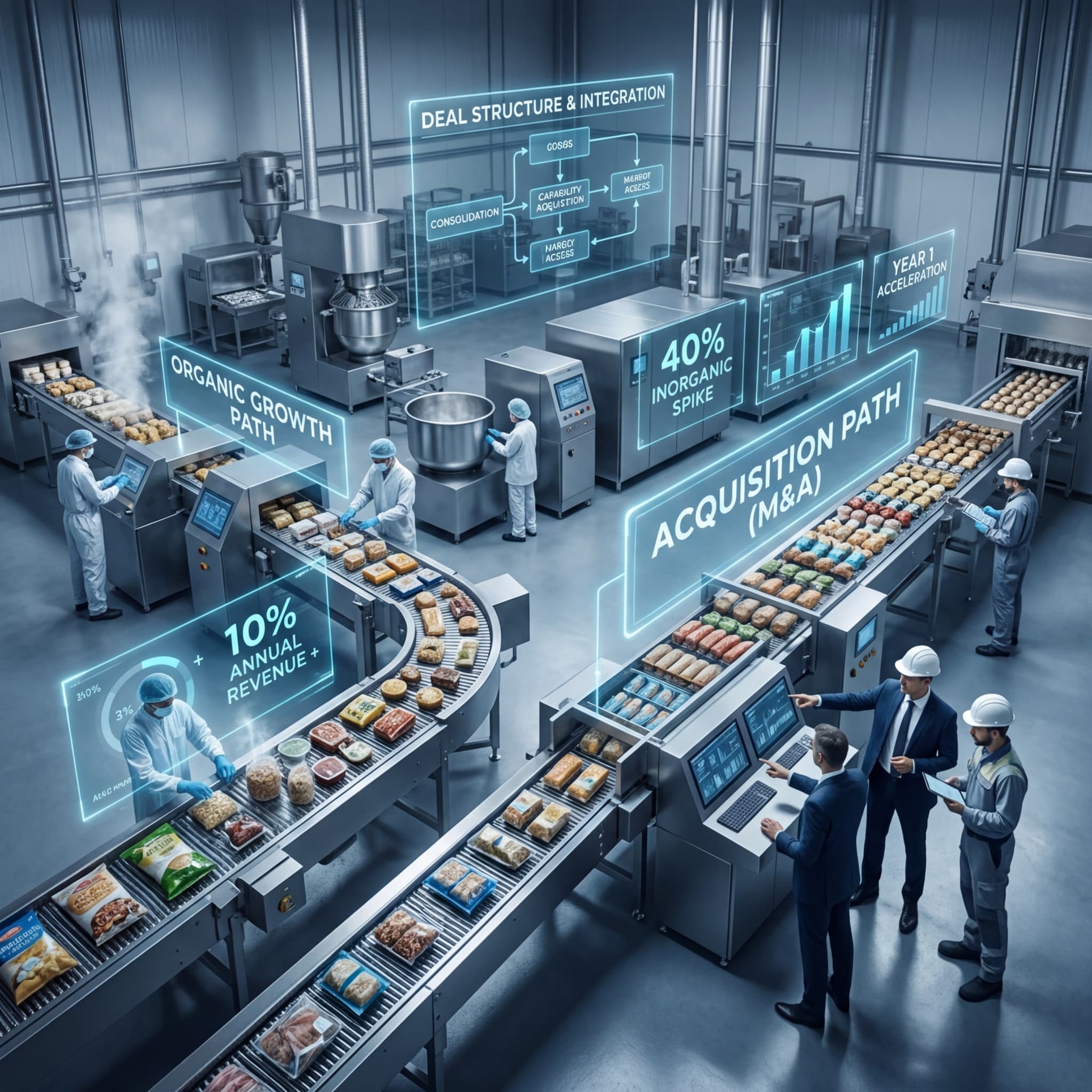 Overhead view of a food manufacturing facility with organic growth and acquisition path strategy displays