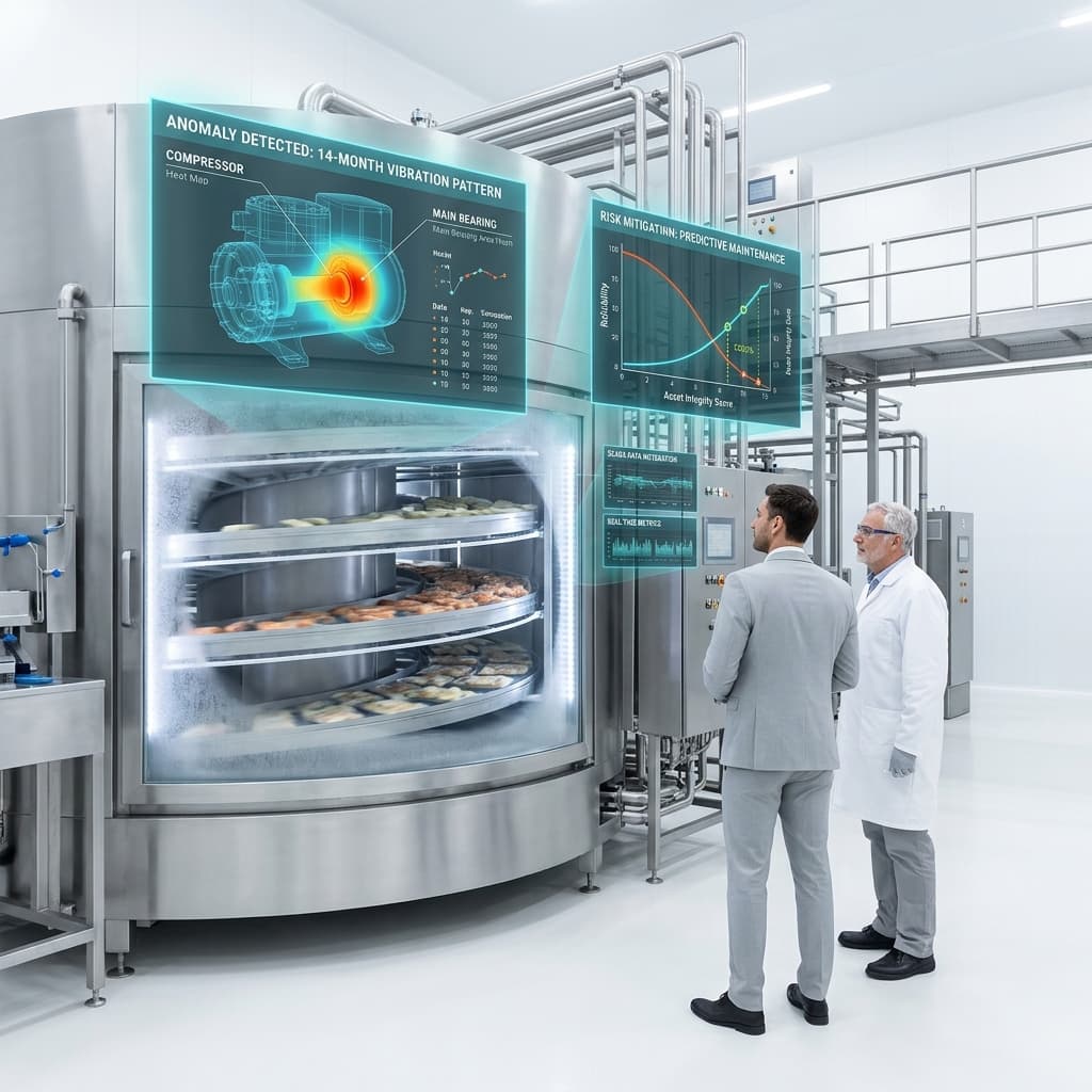 Two professionals reviewing AI anomaly detection and predictive maintenance displays next to food processing equipment