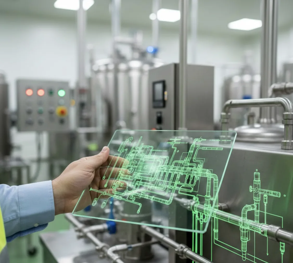Hand holding transparent digital schematic display showing facility blueprints in a food manufacturing plant