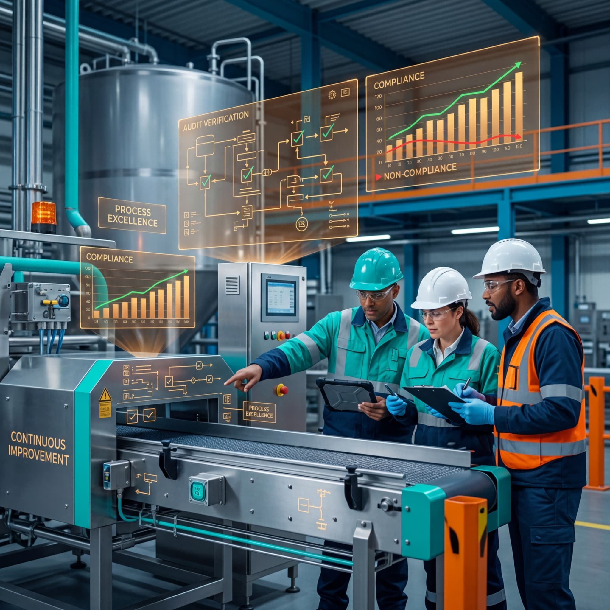 Three auditors reviewing compliance and continuous improvement dashboards at a food manufacturing facility