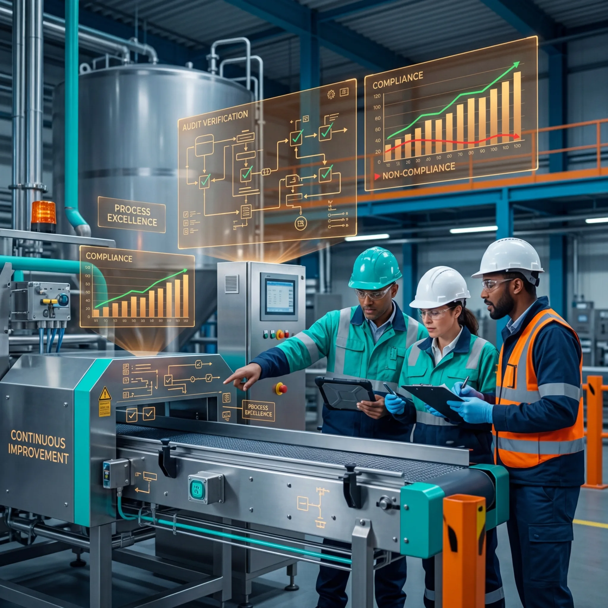 Three auditors reviewing compliance and continuous improvement dashboards at a food manufacturing facility