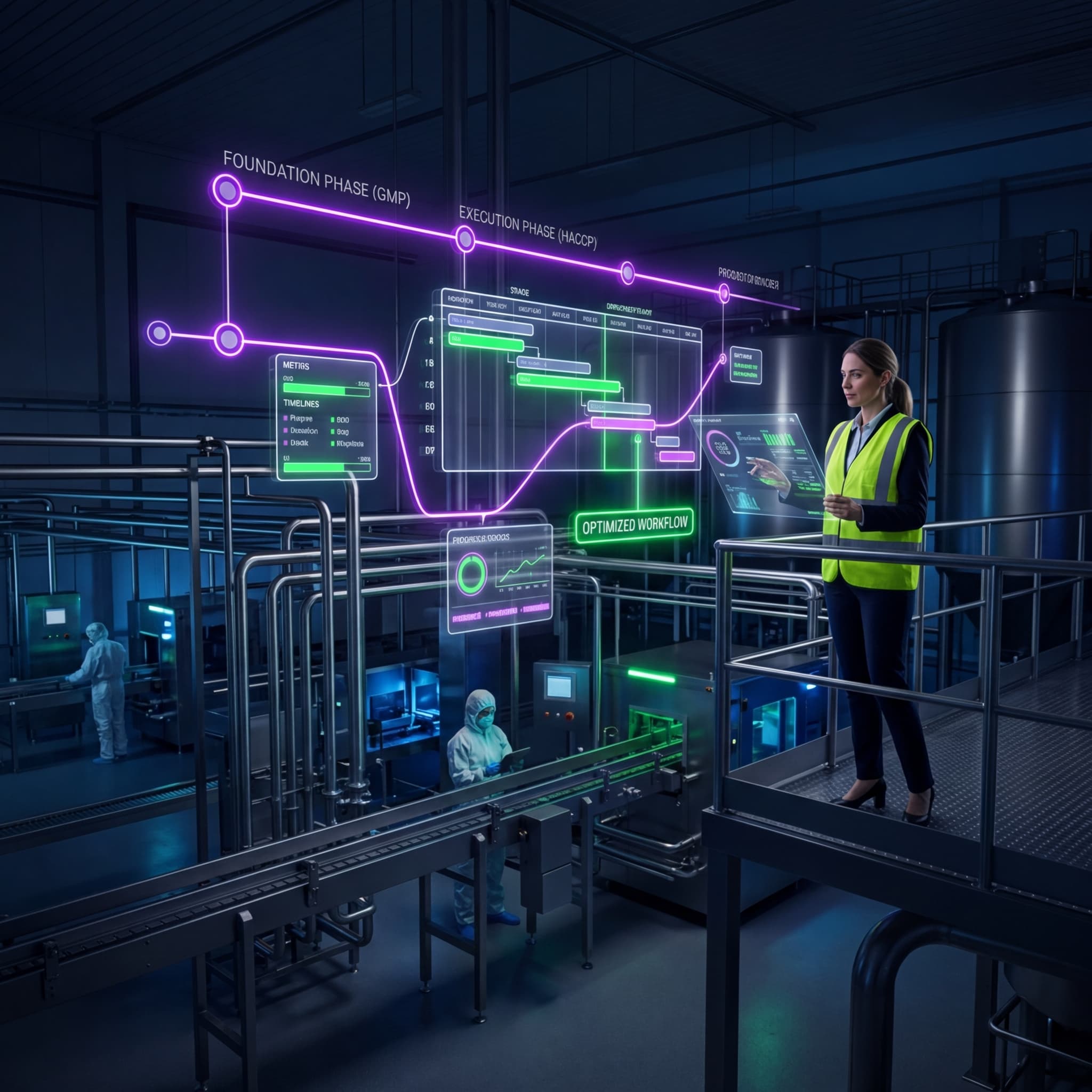 Plant manager reviewing digital implementation roadmap with GMP and HACCP phases in food facility