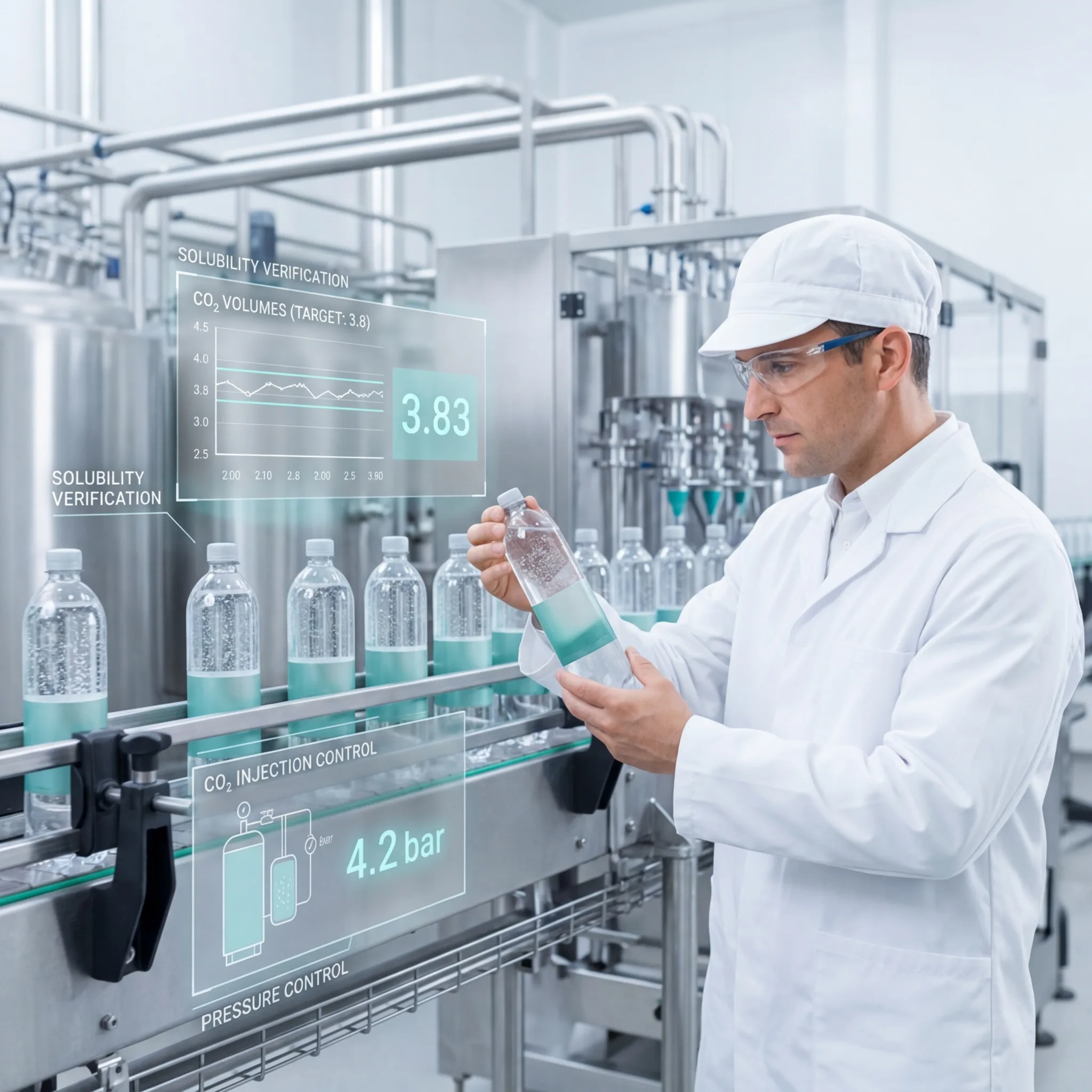 Beverage plant quality technician inspecting a bottle on a carbonation filling line with CO2 volume and pressure control displays