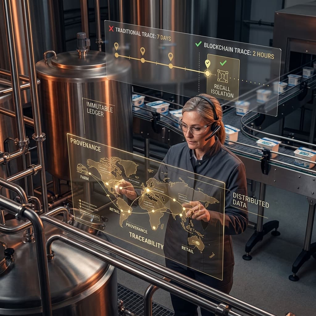 Supply chain manager viewing a holographic blockchain traceability dashboard showing global provenance data, distributed ledger nodes, and real-time product tracking