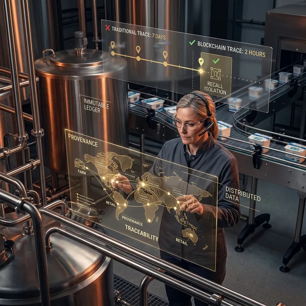 Supply chain manager viewing a holographic blockchain traceability dashboard showing global provenance data, distributed ledger nodes, and real-time product tracking