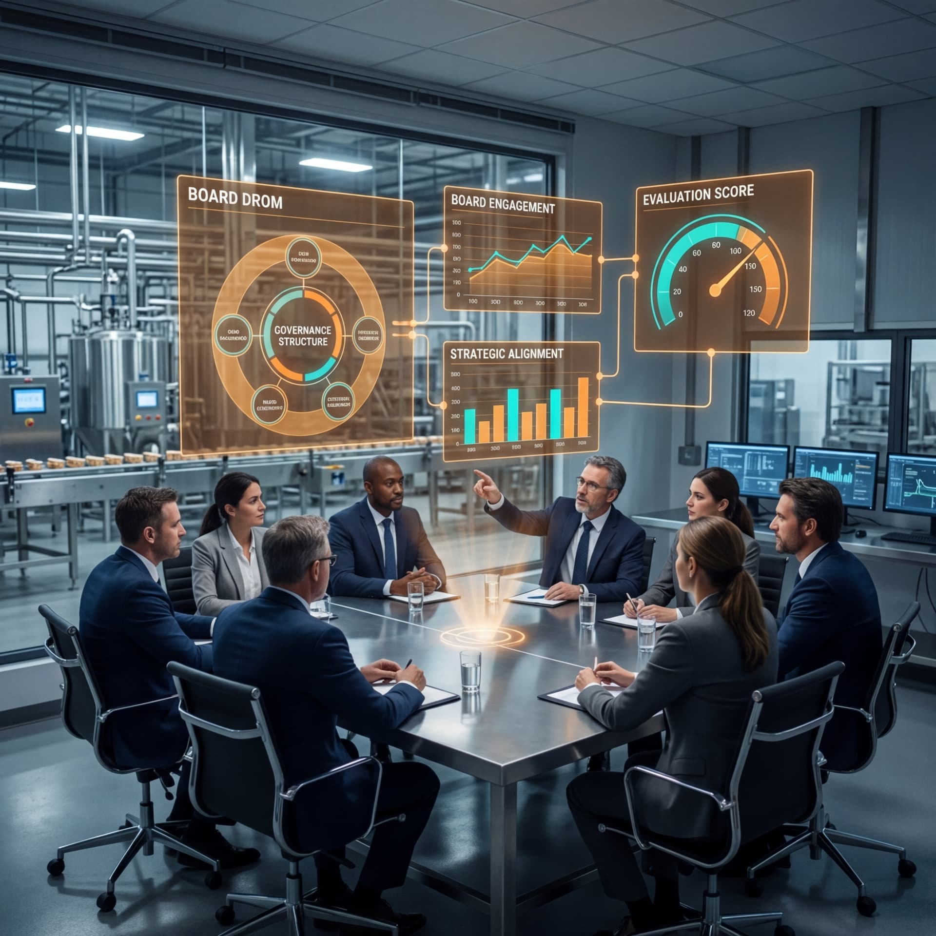 Diverse board of directors reviewing governance evaluation scores and engagement metrics in boardroom