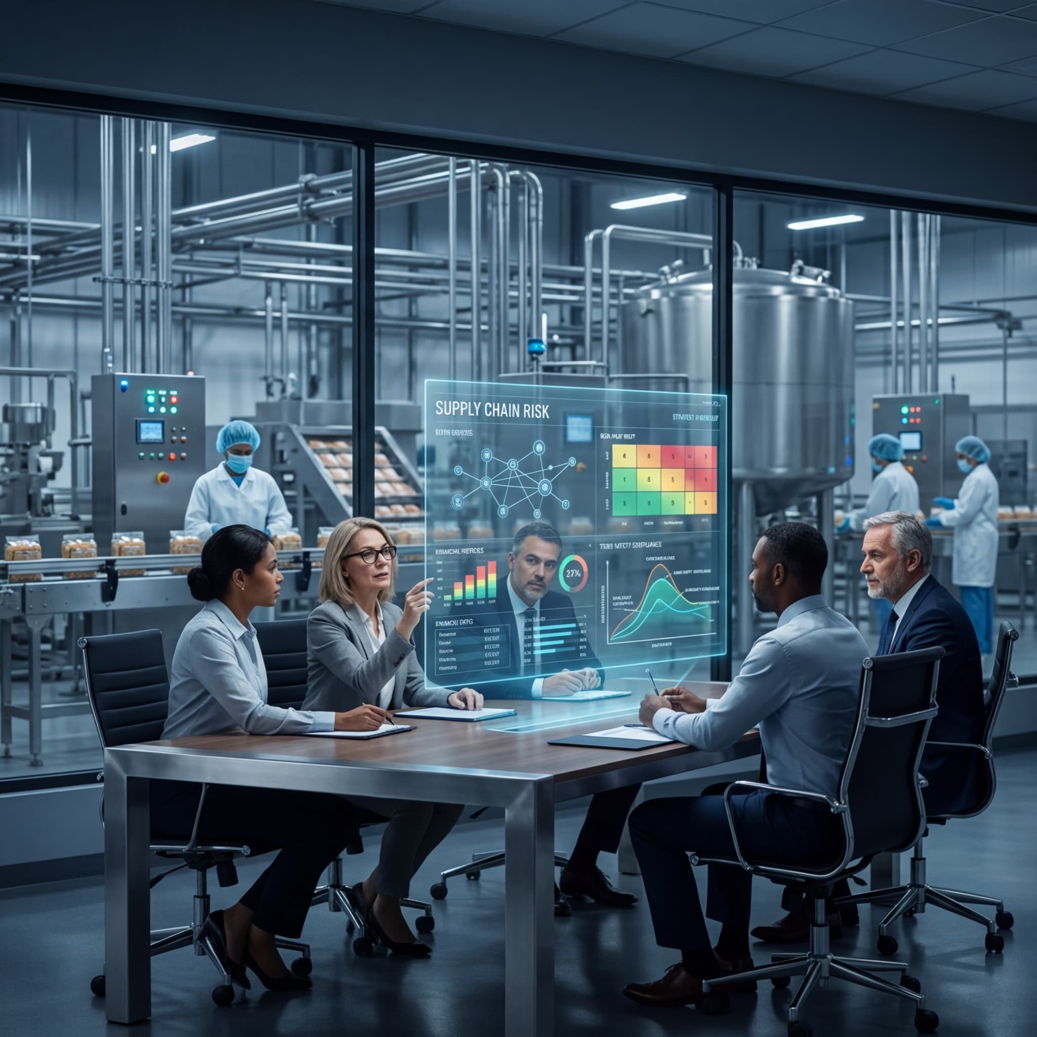 Board of directors reviewing supply chain risk dashboard in food manufacturing conference room