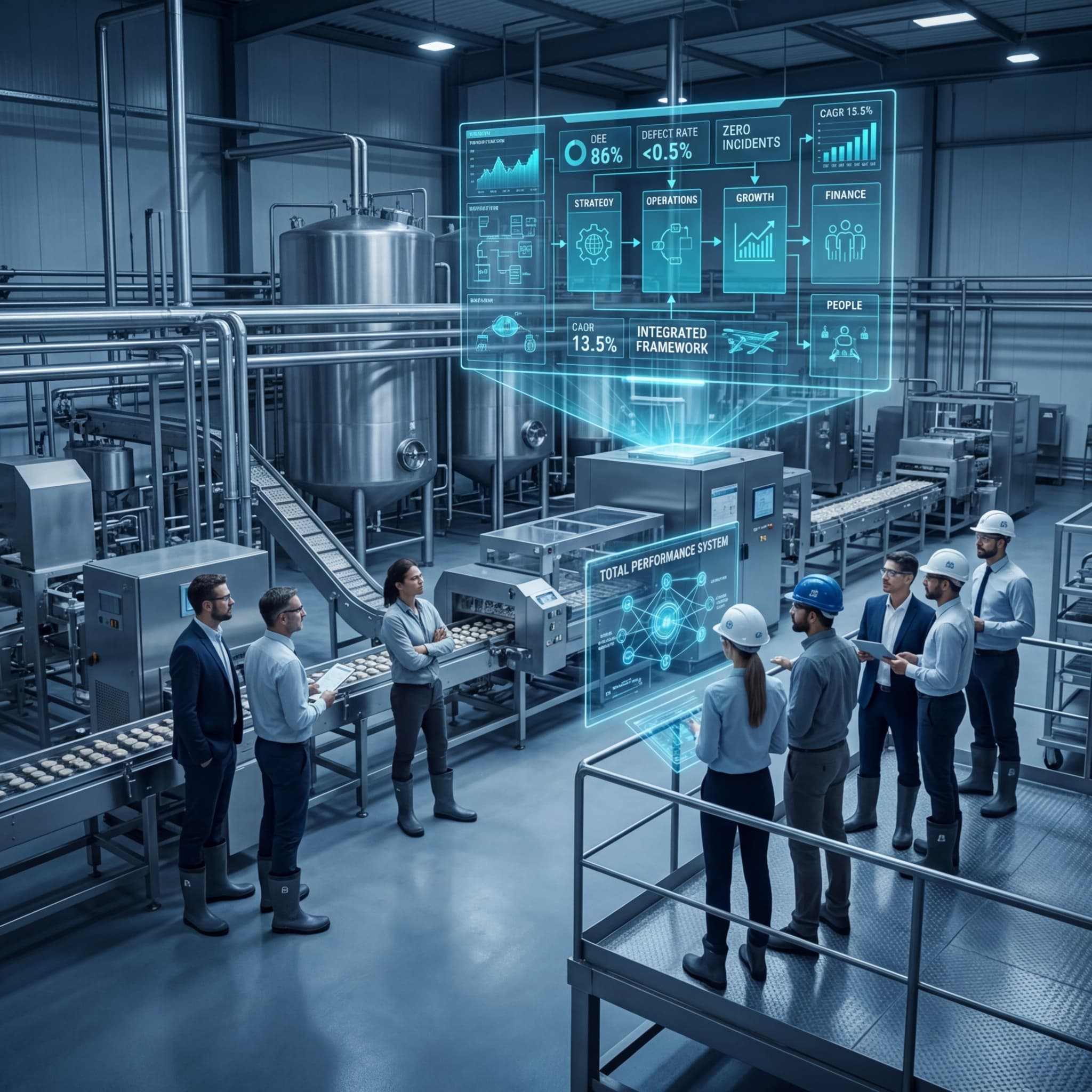 Leadership team gathered in a food manufacturing facility reviewing holographic performance dashboards showing OEE, defect rates, CAGR, and integrated framework metrics