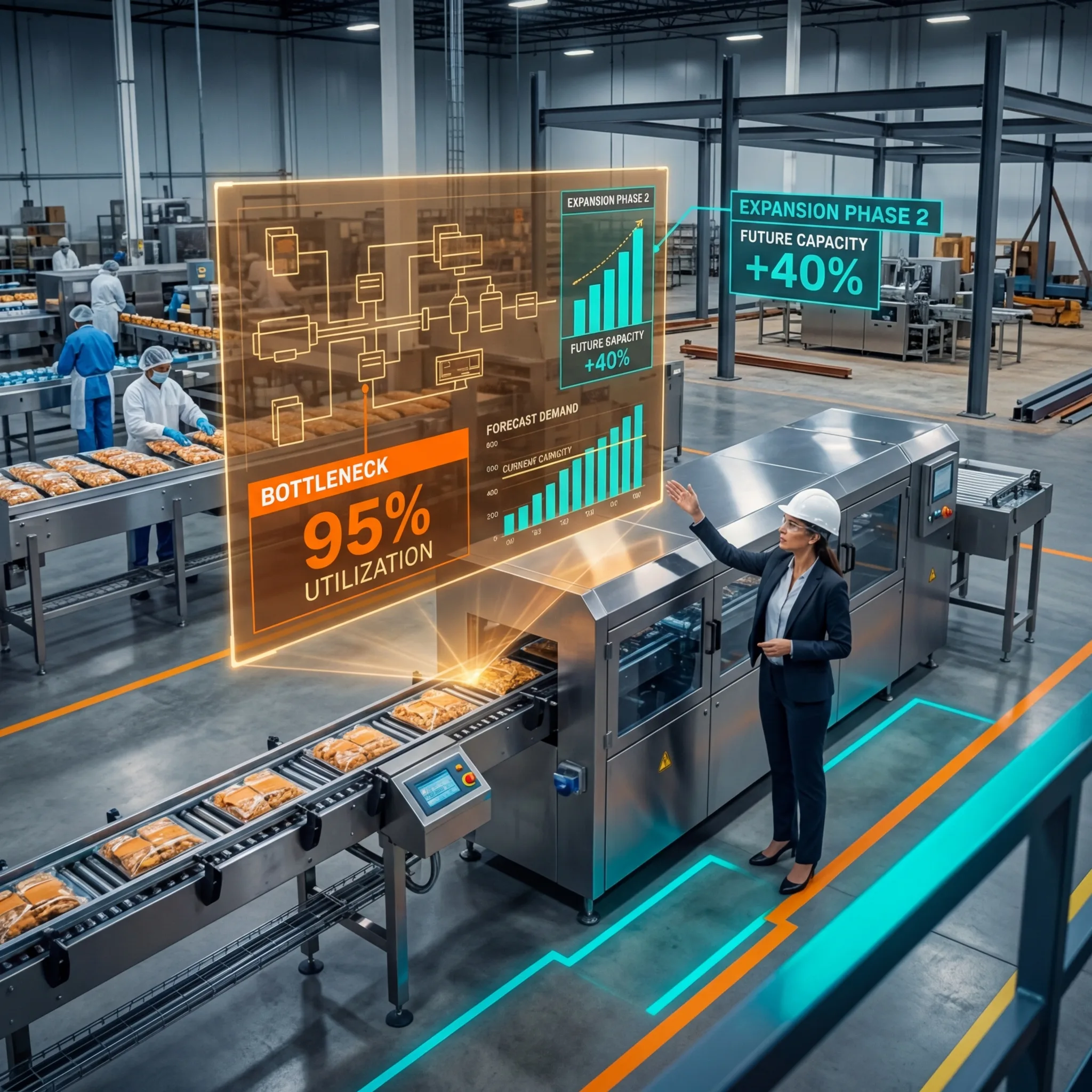 Food manufacturing facility with capacity utilization dashboards and expansion planning overlays