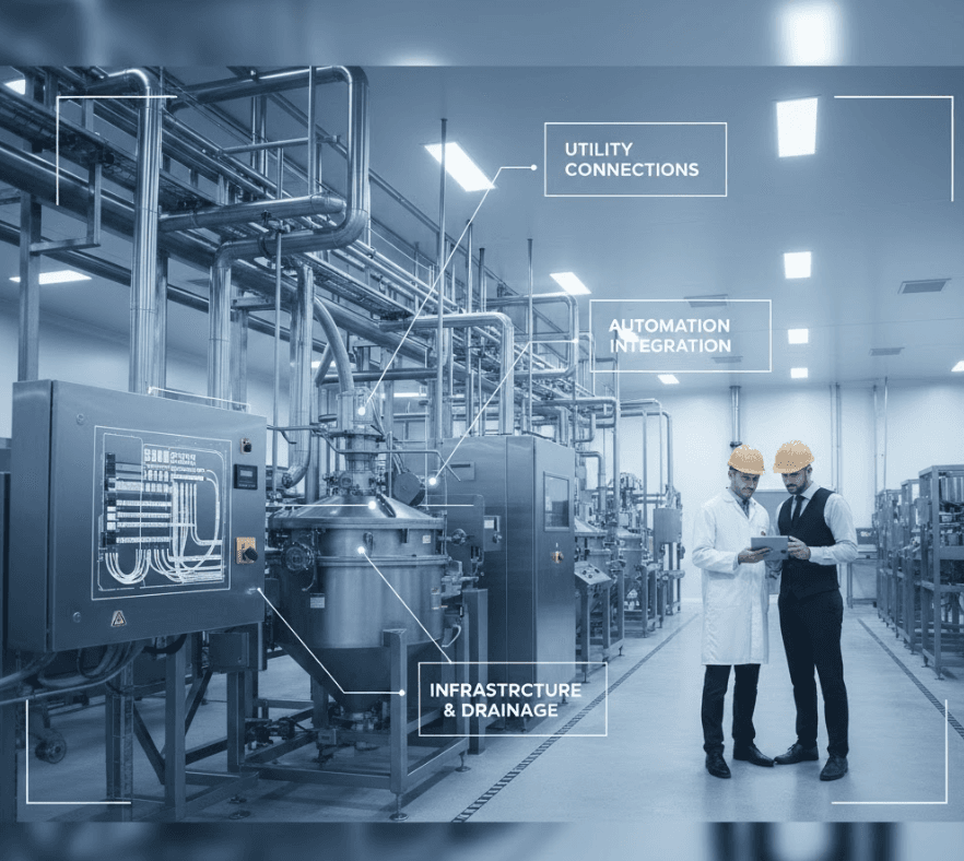 Engineers reviewing food processing facility infrastructure with overlay showing utility connections, foundation positioning, and infrastructure planning elements