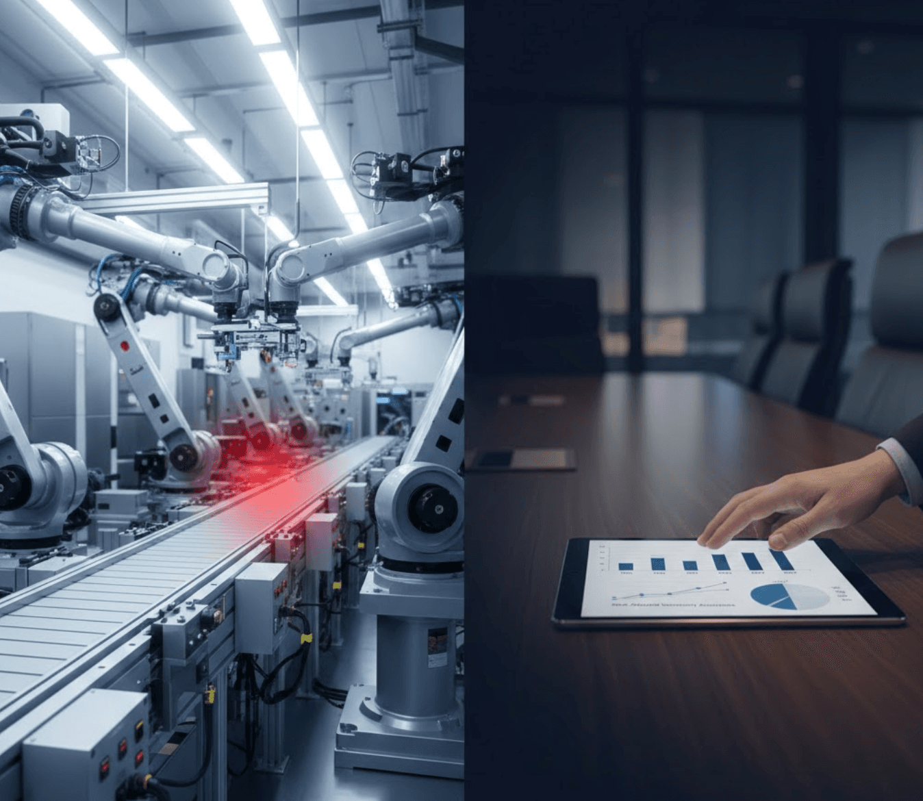 Split view showing automated production line with robotic arms alongside executive reviewing financial charts on tablet in boardroom