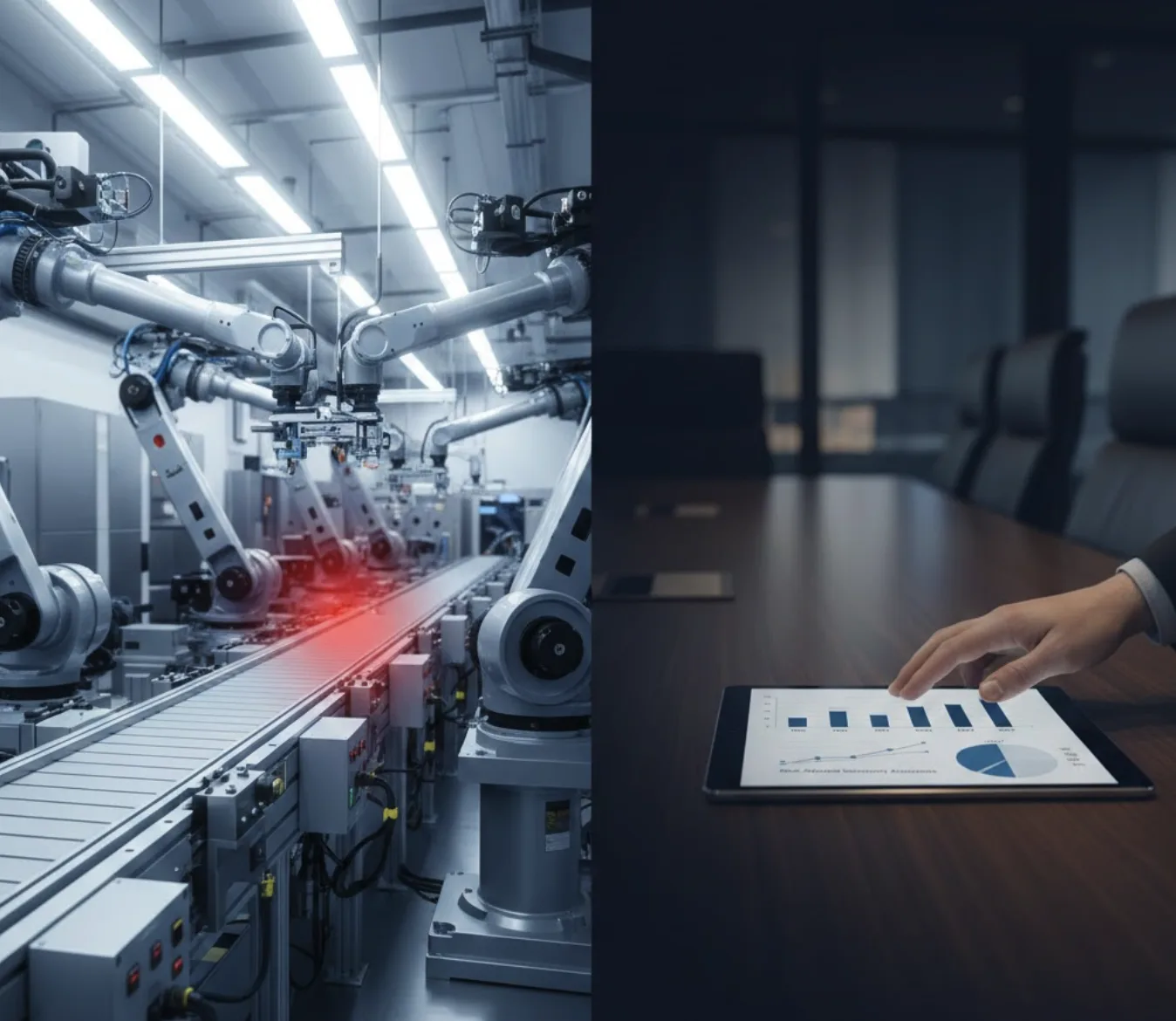 Split view showing automated production line with robotic arms alongside executive reviewing financial charts on tablet in boardroom