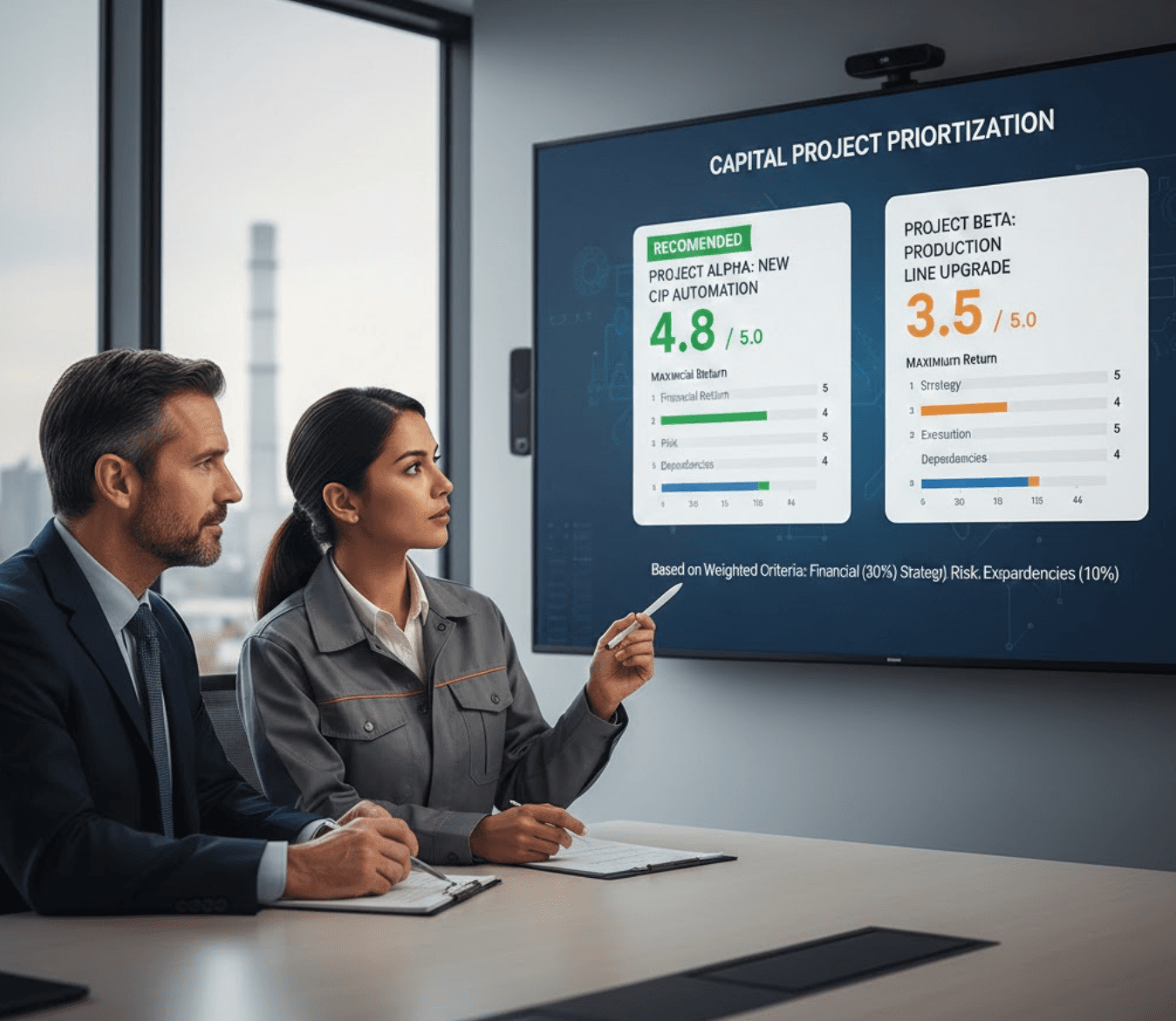 Business team in conference room reviewing capital project prioritization dashboard showing weighted scoring comparison between competing projects