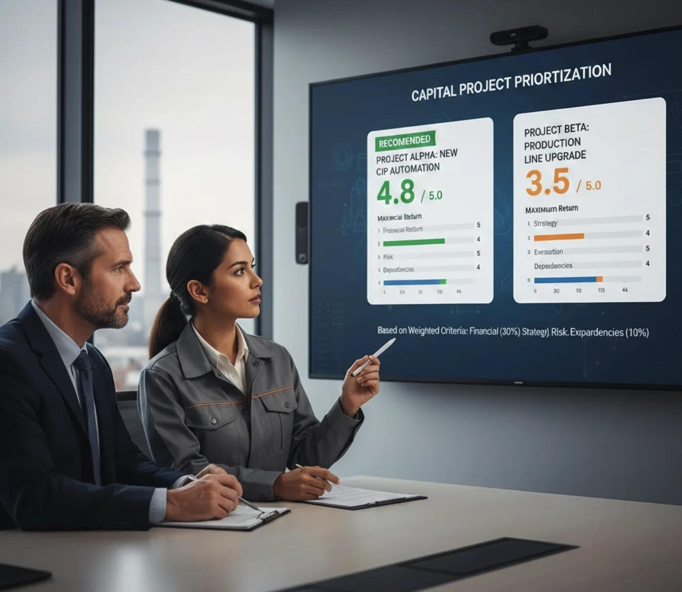 Business team in conference room reviewing capital project prioritization dashboard showing weighted scoring comparison between competing projects