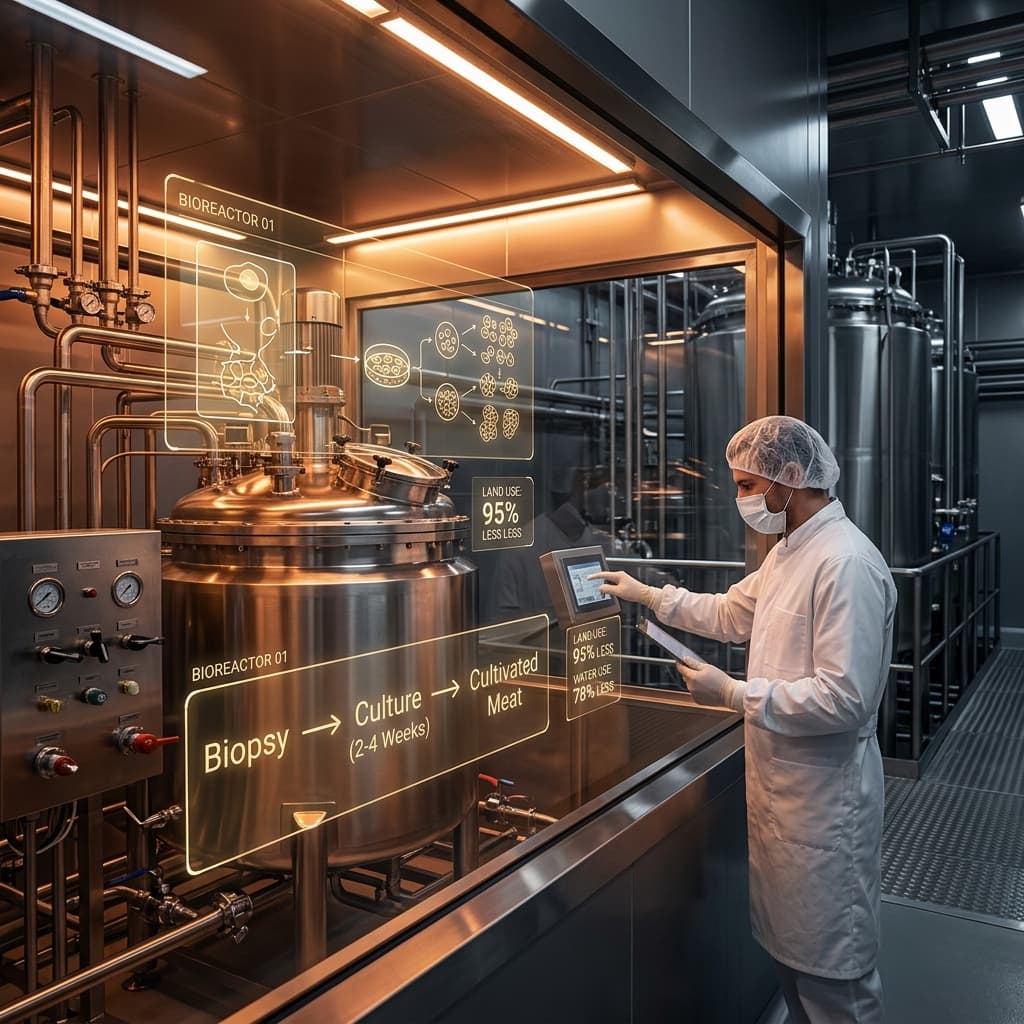 Scientist monitoring a copper-toned bioreactor with digital displays showing the biopsy-to-cultivated-meat process timeline and 95% sustainability reduction metrics