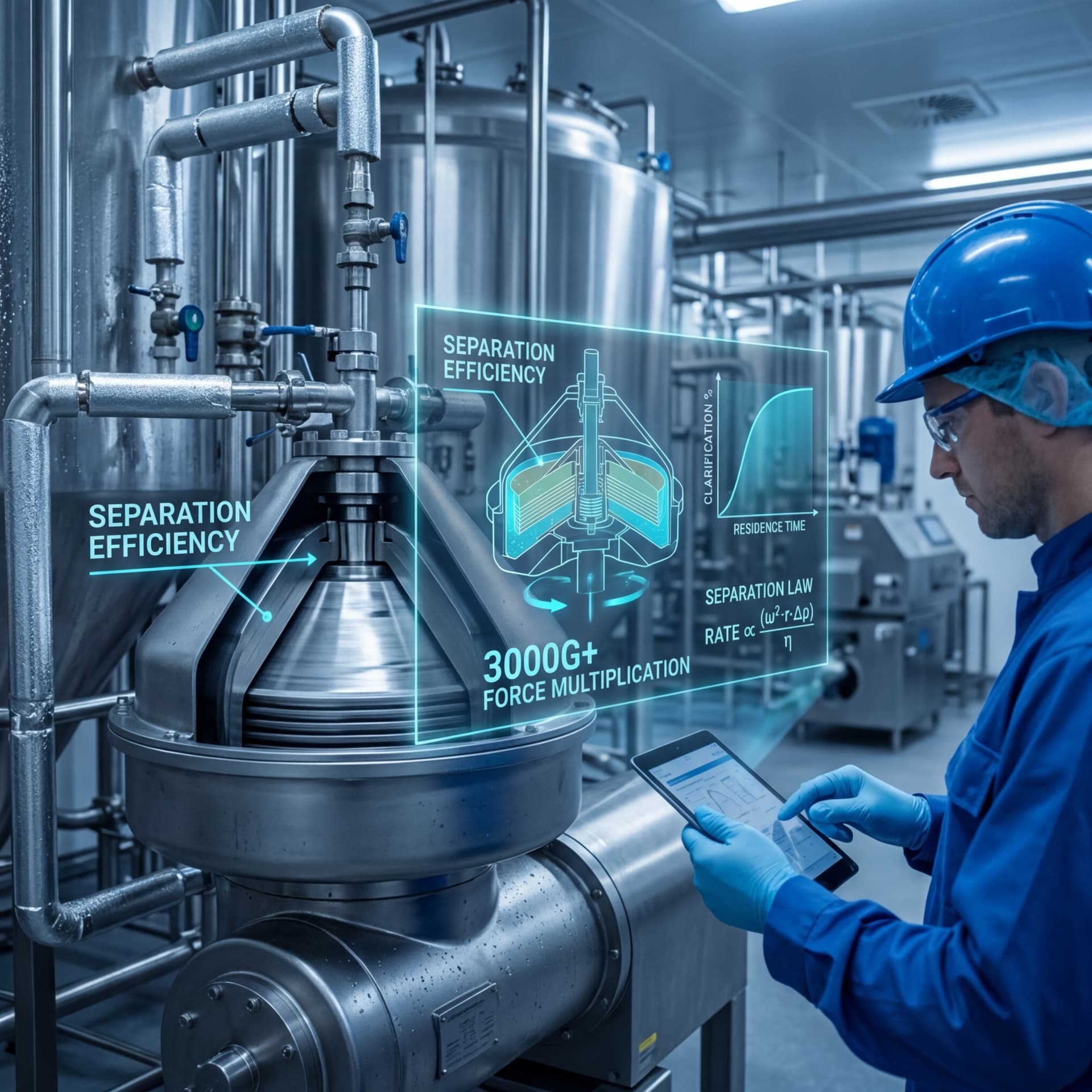 Engineer in blue hard hat monitoring a stainless steel disc stack centrifuge separator with holographic display showing separation efficiency and force multiplication data