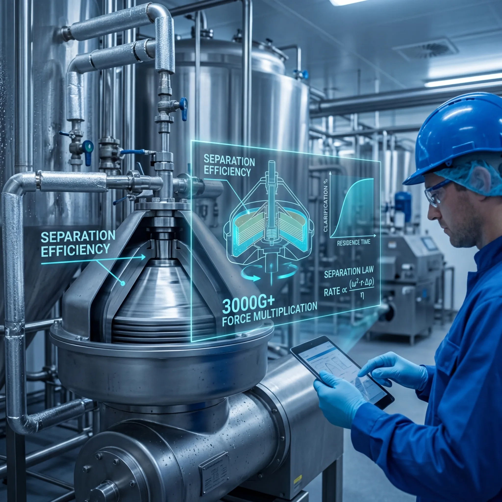 Engineer in blue hard hat monitoring a stainless steel disc stack centrifuge separator with holographic display showing separation efficiency and force multiplication data