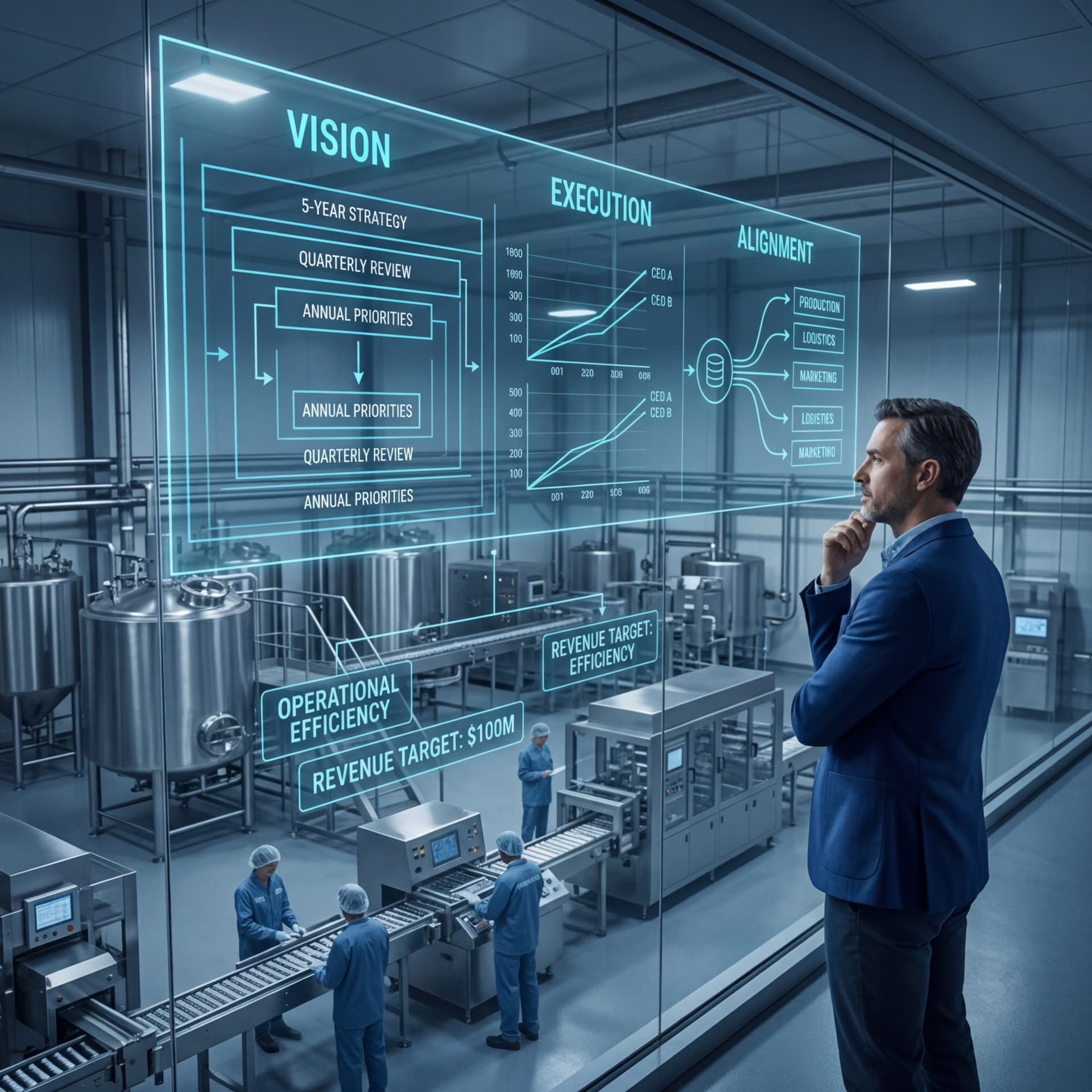 CEO reviewing vision and execution strategy dashboards overlooking food manufacturing production floor
