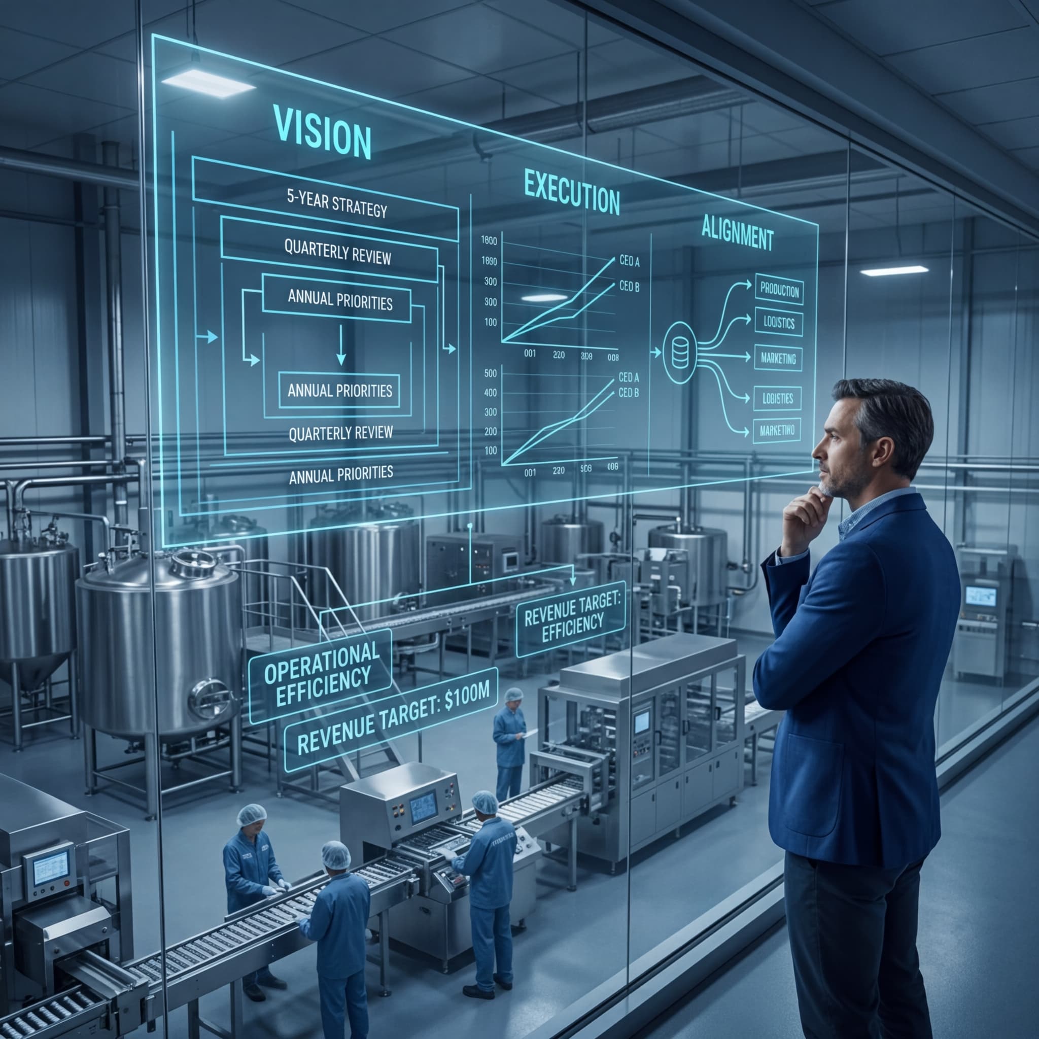 CEO reviewing vision and execution strategy dashboards overlooking food manufacturing production floor