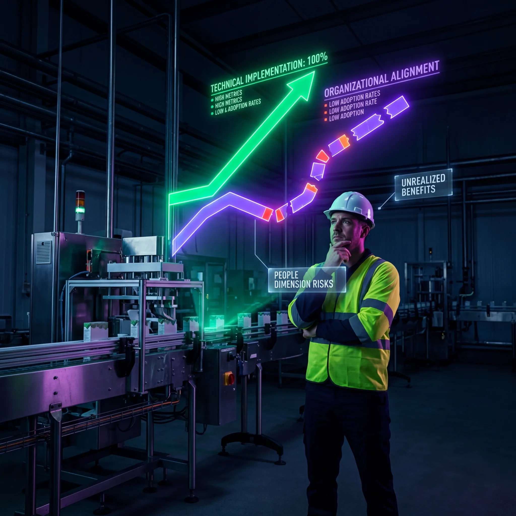 Plant worker contemplating implementation gap between technical progress and organizational adoption rates