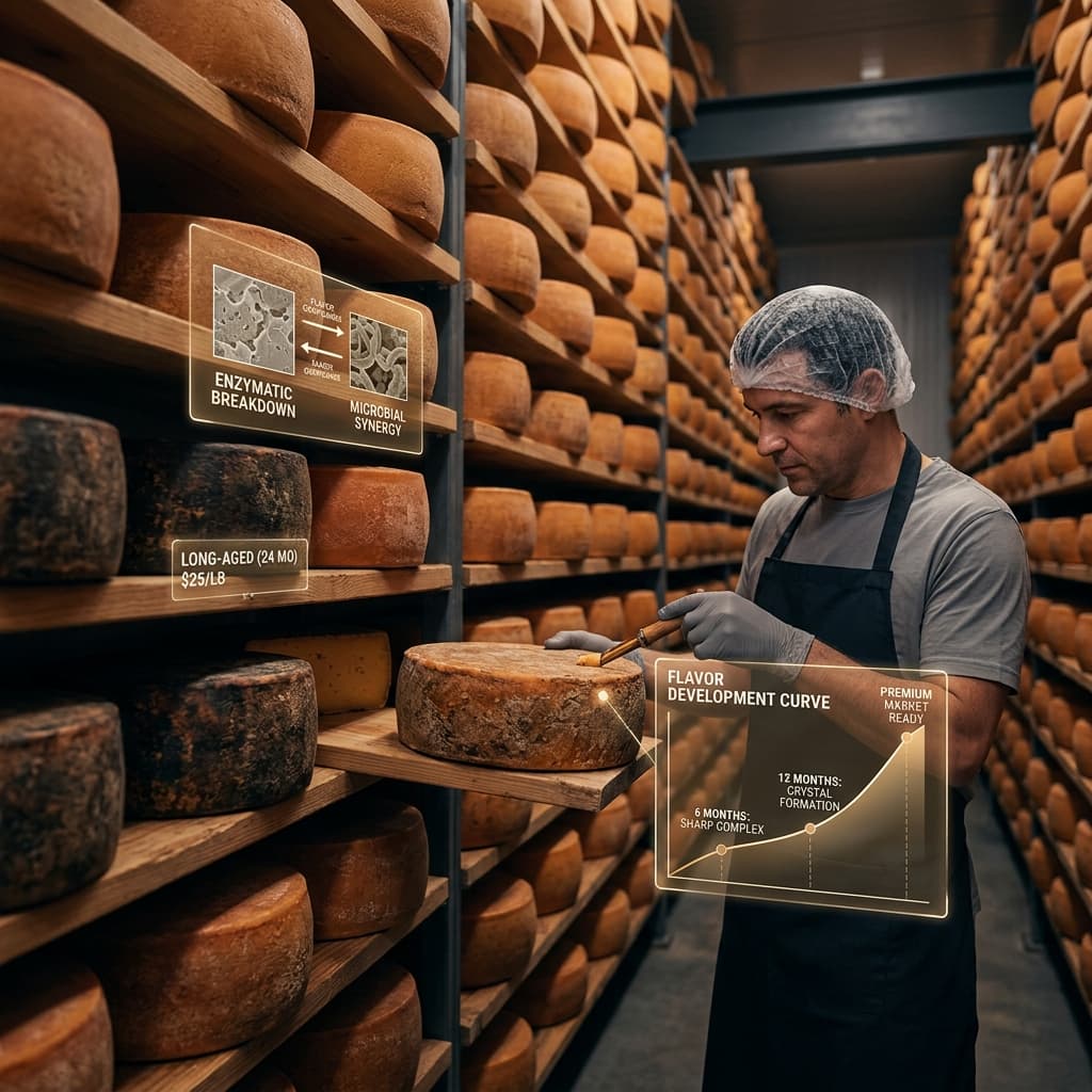 Cheese maker inspecting aging wheels on wooden shelves in a temperature-controlled cave with digital overlays showing flavor development curves and enzymatic breakdown data