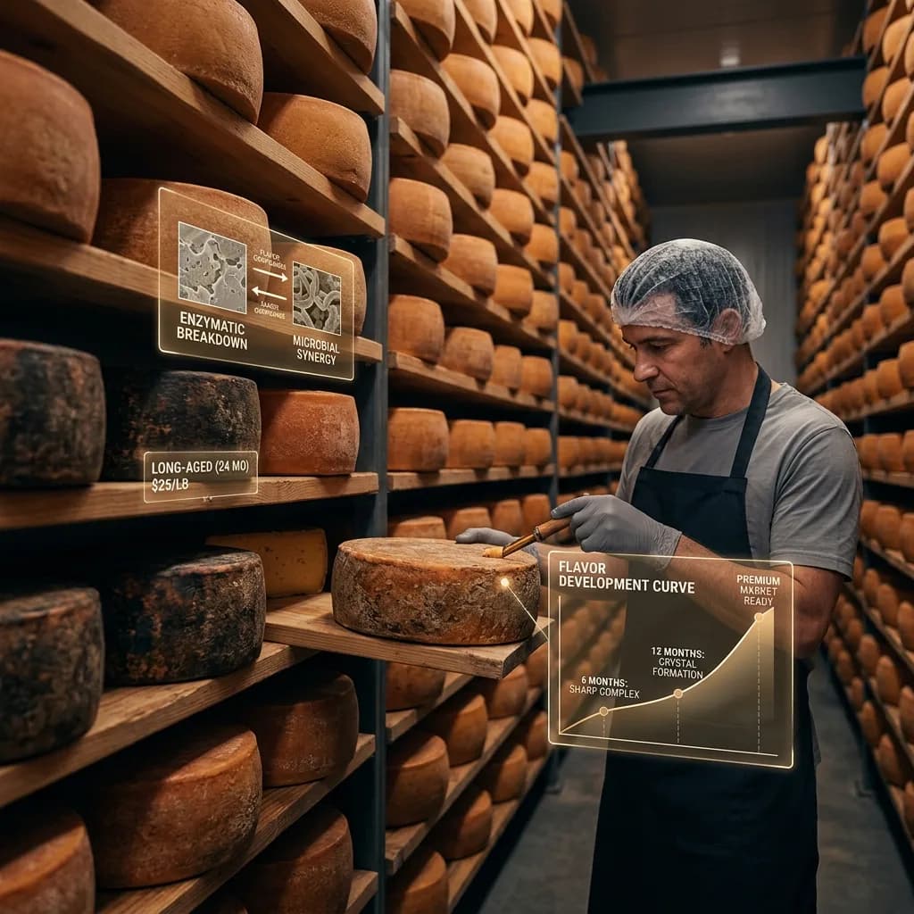 Cheese maker inspecting aging wheels on wooden shelves in a temperature-controlled cave with digital overlays showing flavor development curves and enzymatic breakdown data