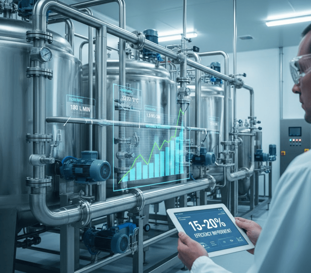 Technician in food processing facility reviewing CIP monitoring dashboard on tablet showing efficiency improvement metrics