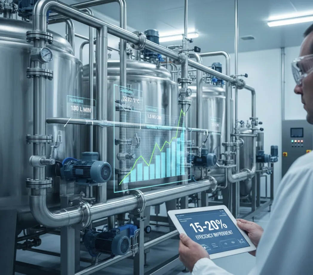 Technician in food processing facility reviewing CIP monitoring dashboard on tablet showing efficiency improvement metrics