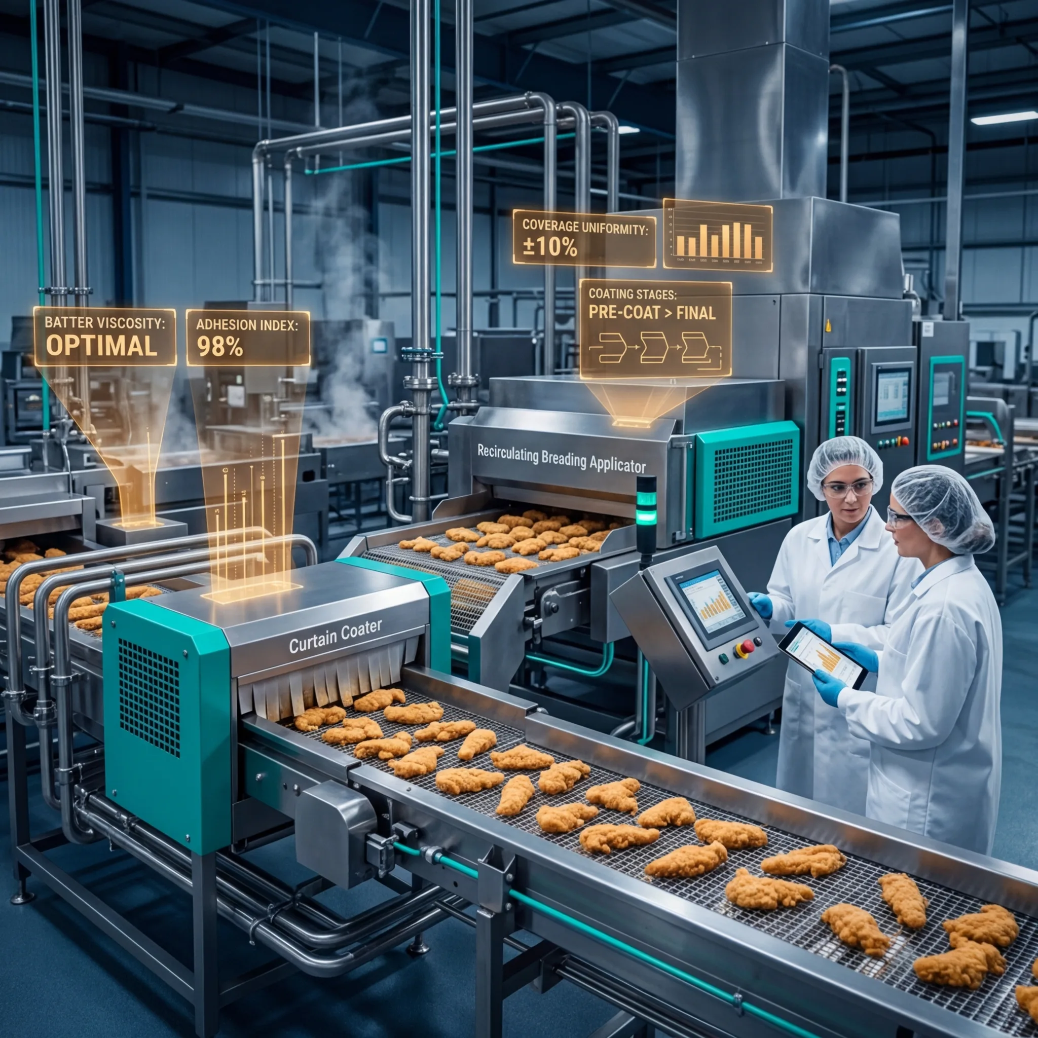 Two food processing technicians monitoring an automated breading line with breaded chicken pieces on a conveyor belt and holographic displays showing coating coverage and adhesion data