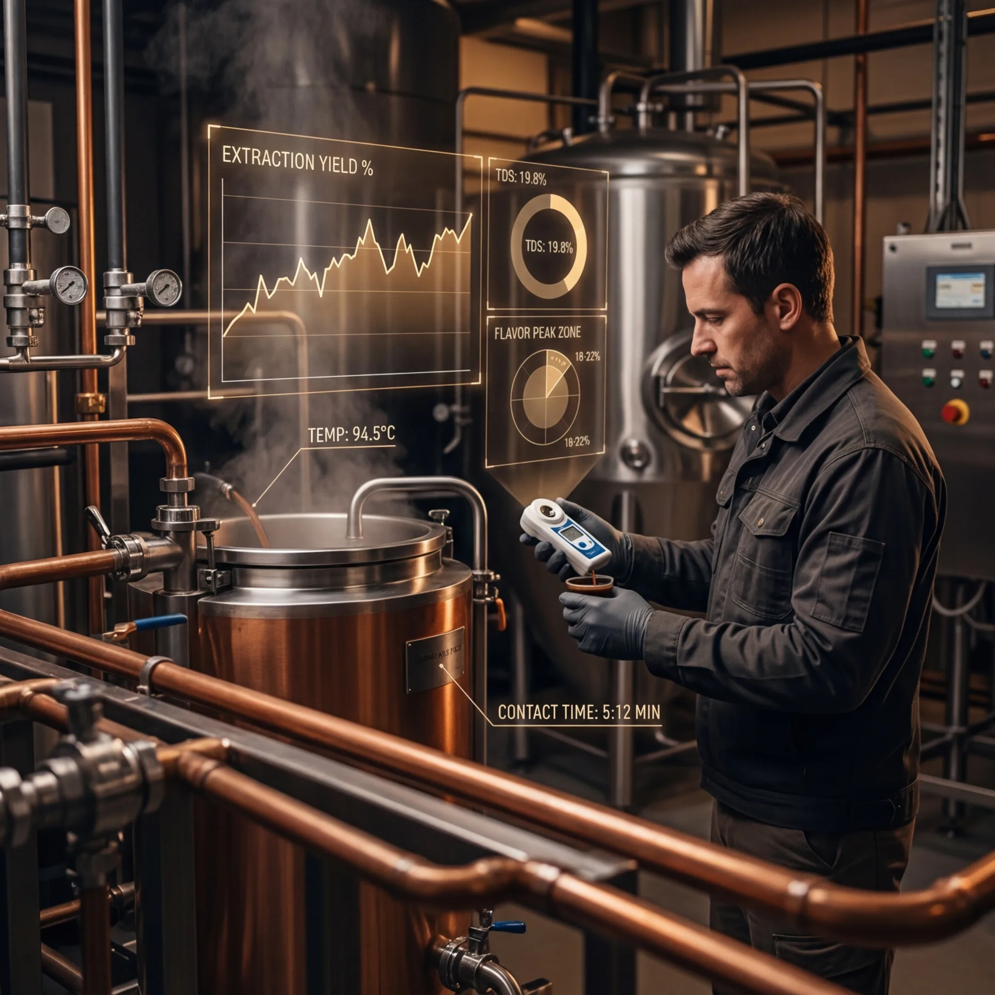 Coffee processing specialist measuring extraction yield with a refractometer beside a copper brewing vessel with TDS and flavor zone monitoring displays