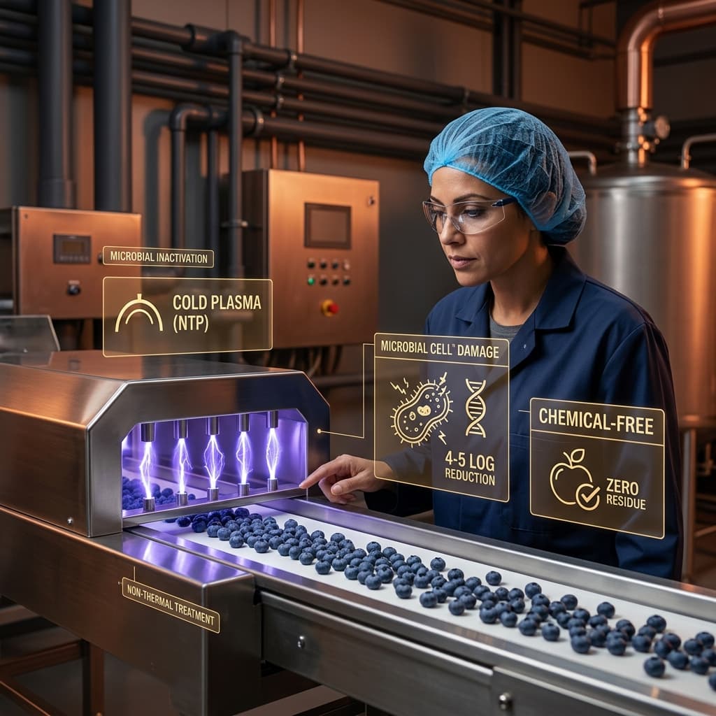 Food safety technician operating a cold plasma sterilization unit with purple ionized gas treating blueberries on a conveyor belt with digital microbial reduction data overlays