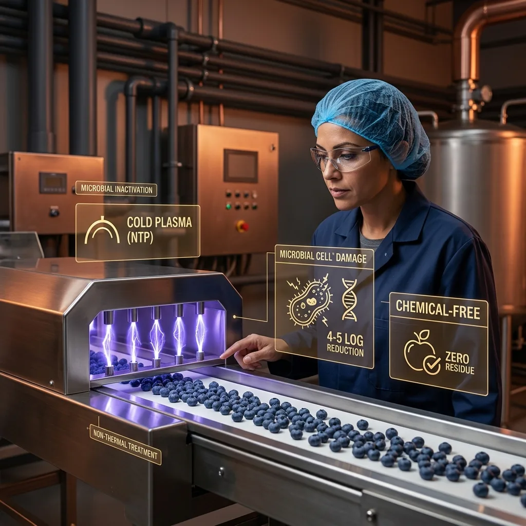 Food safety technician operating a cold plasma sterilization unit with purple ionized gas treating blueberries on a conveyor belt with digital microbial reduction data overlays
