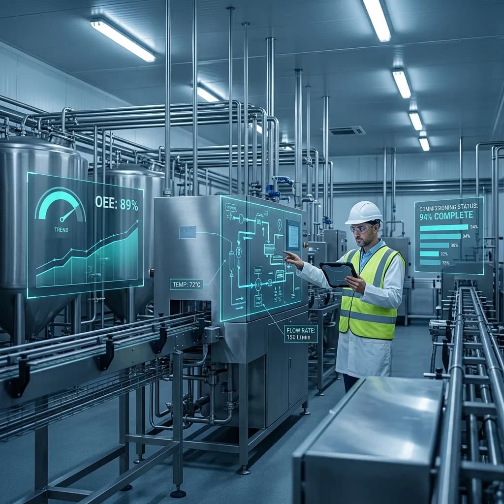 Technician interacting with digital commissioning displays on processing equipment in a food manufacturing facility