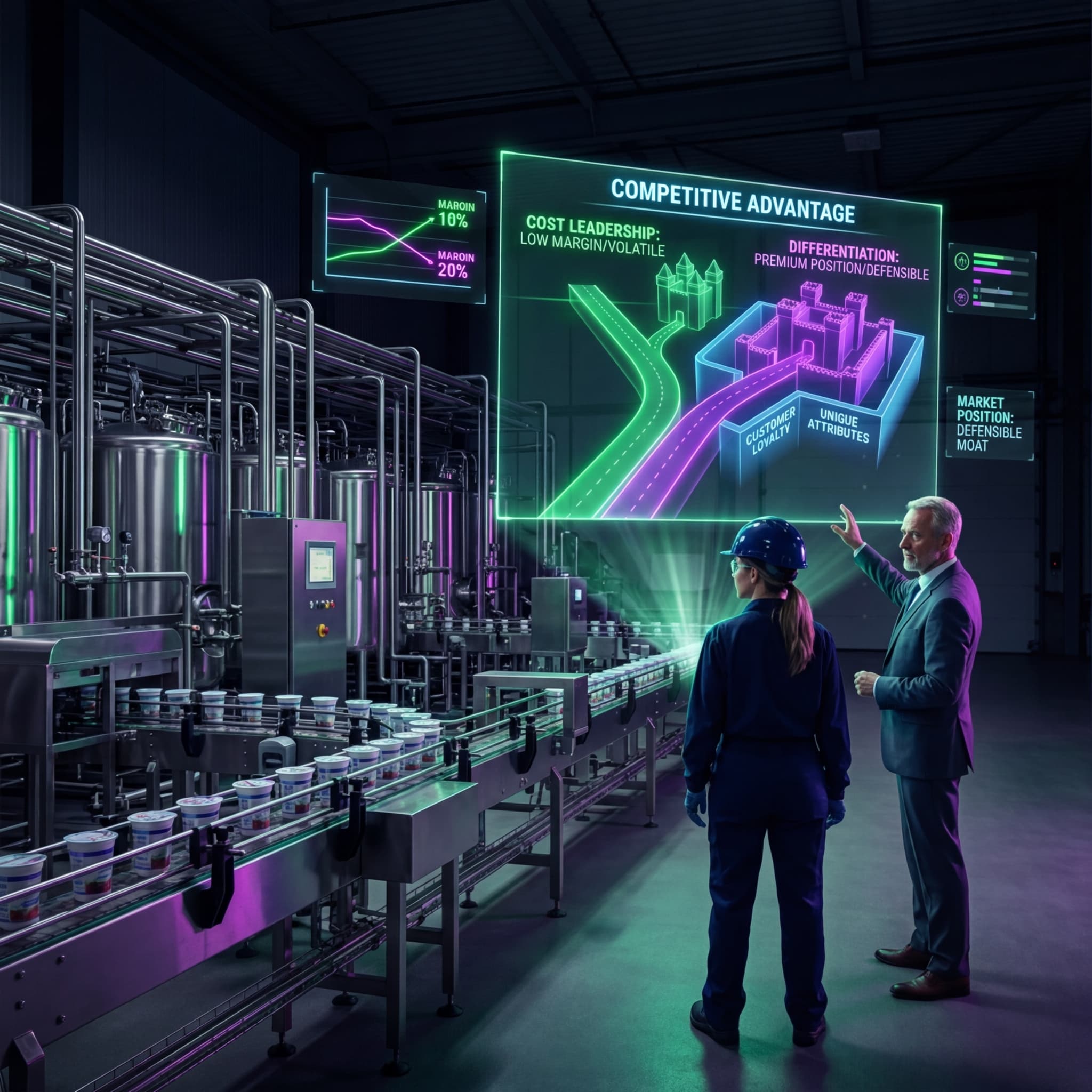 Two leaders viewing competitive advantage strategy with cost leadership and differentiation paths on production floor