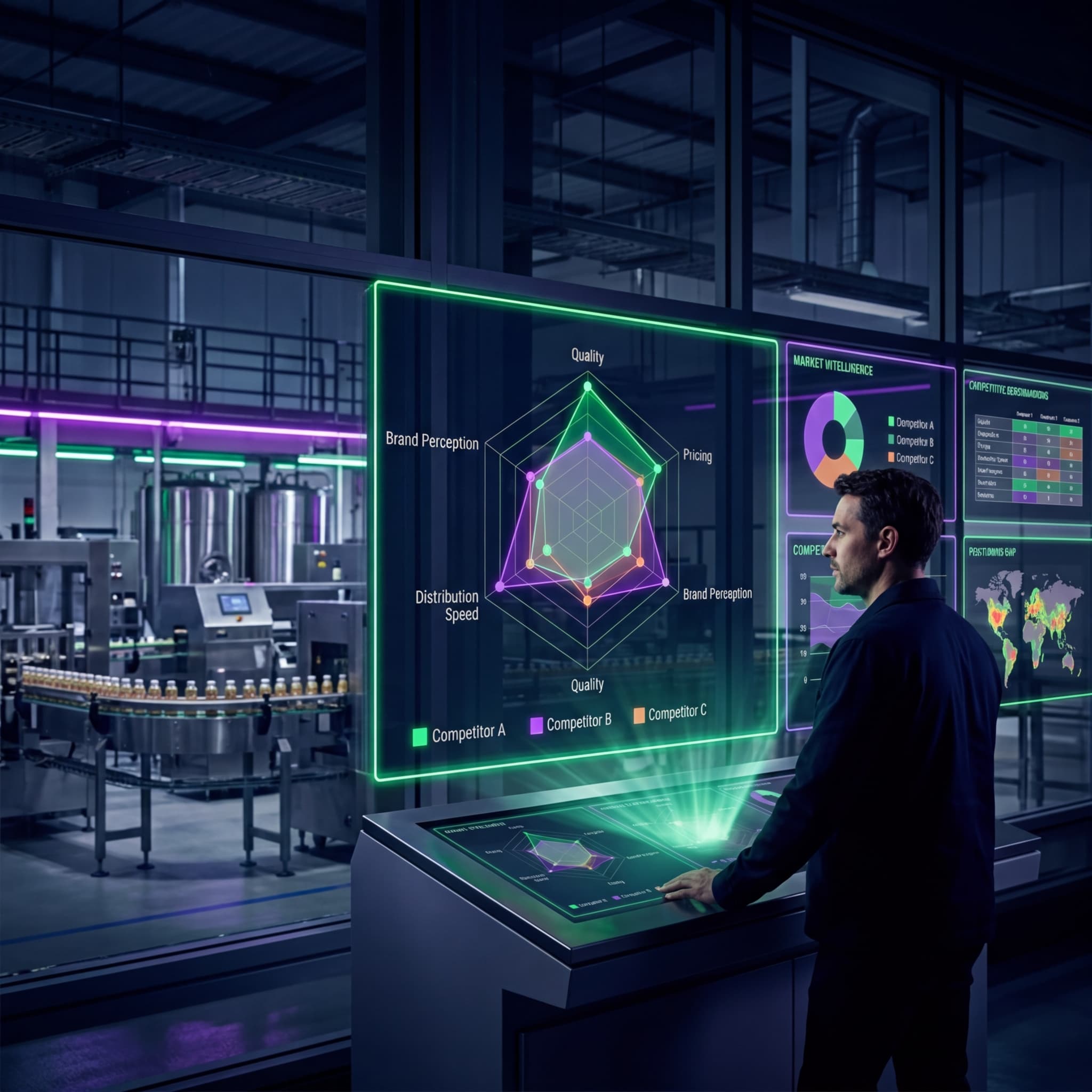 Manager reviewing competitive radar chart and market intelligence dashboards in a food manufacturing facility