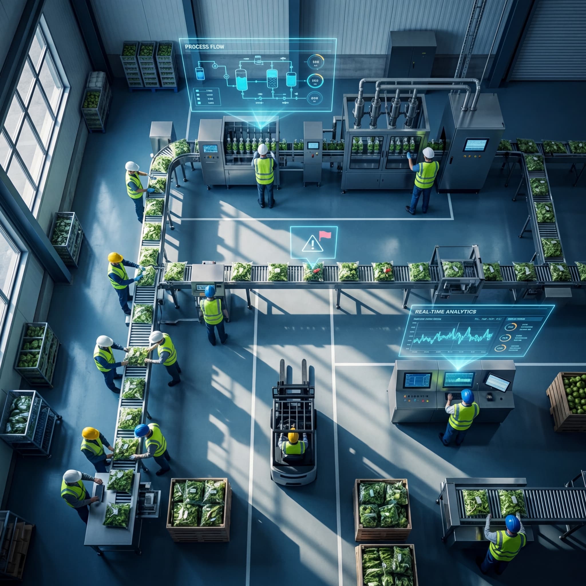 Overhead view of a food manufacturing facility with workers, production lines, and digital improvement tracking displays