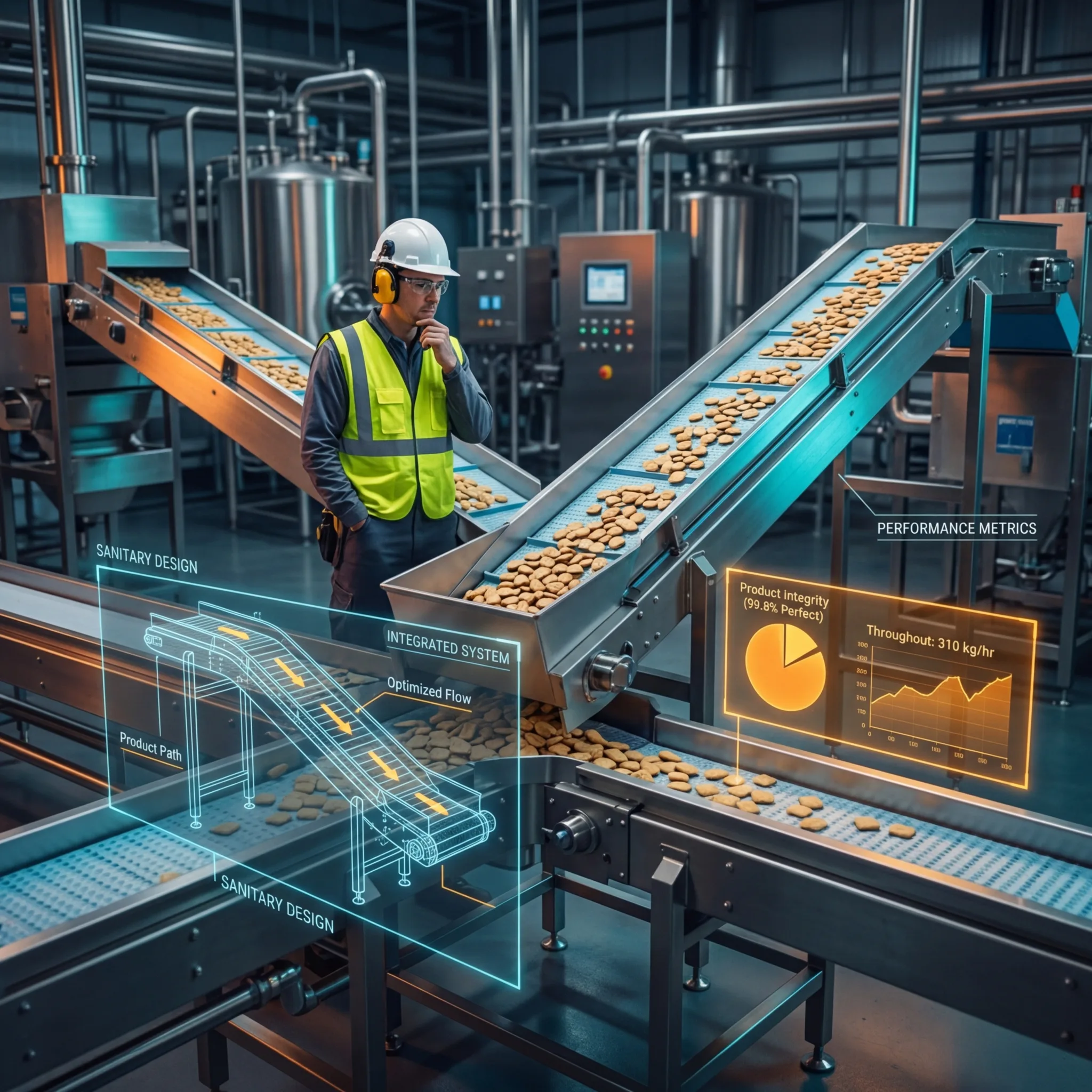 Plant engineer inspecting a food-grade inclined belt conveyor transporting snack products in a manufacturing facility with holographic performance metrics and integration diagrams