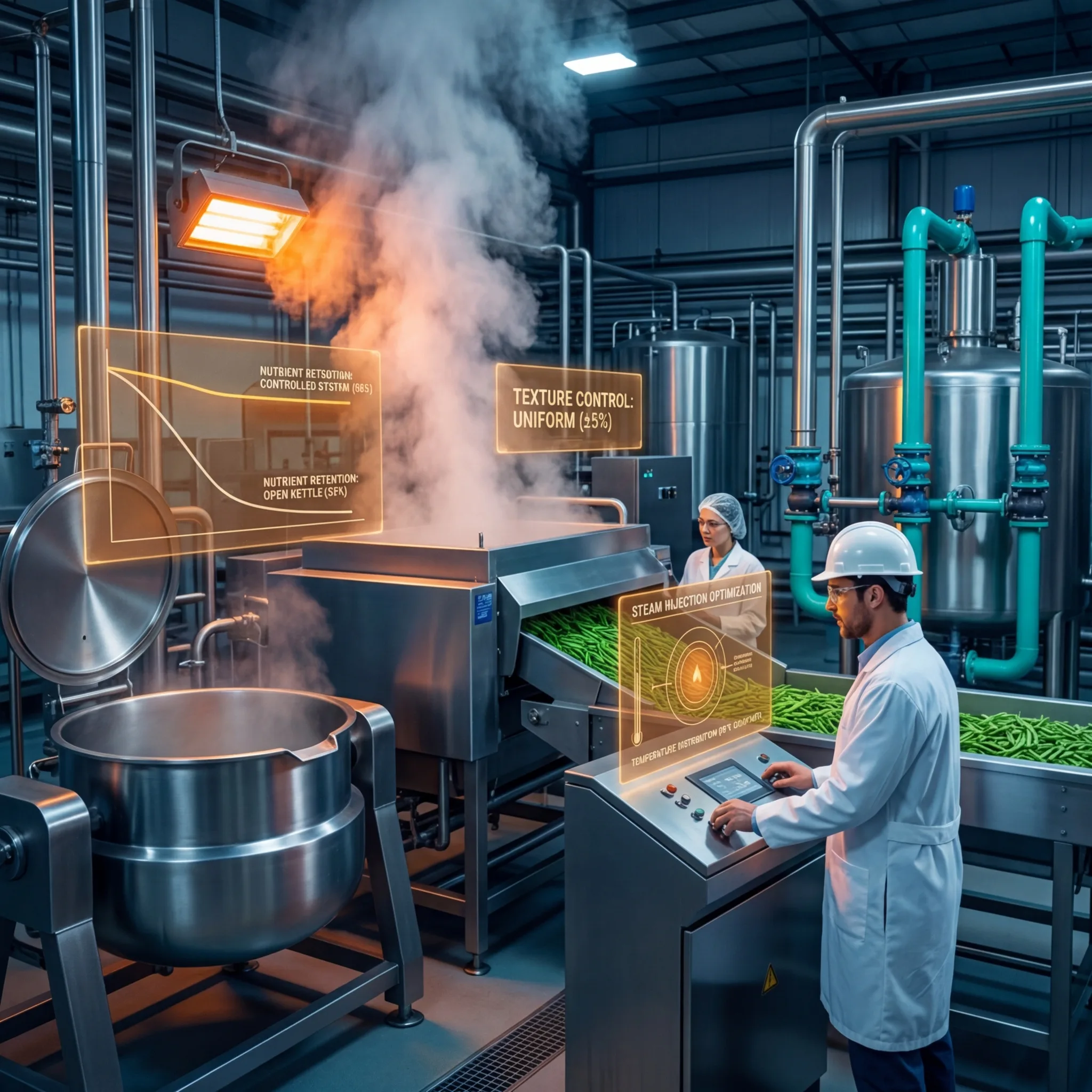 Food processing facility with steam rising from cooking equipment as operators monitor a continuous blanching line with holographic displays showing nutrient retention and texture control data