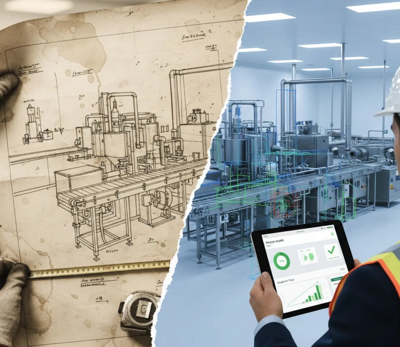 Split image contrasting vintage engineering blueprints with modern food processing facility and engineer using digital project management tablet