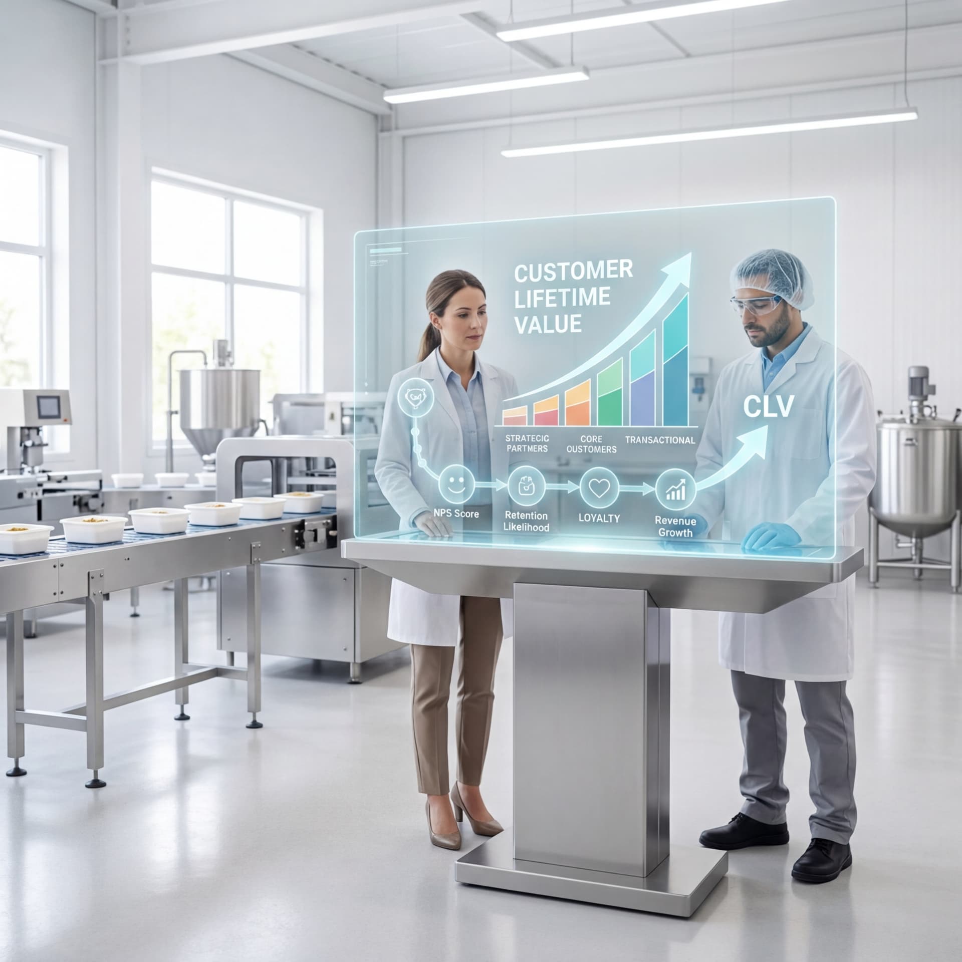 Two professionals in a modern food manufacturing facility reviewing a holographic customer lifetime value dashboard showing CLV metrics, NPS scores, and retention data