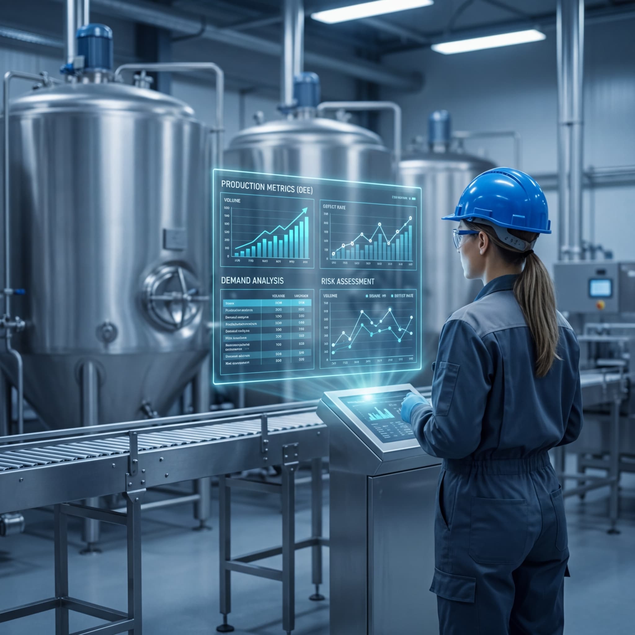 Engineer in a food processing plant viewing holographic production metrics, demand analysis, and risk assessment dashboards alongside stainless steel tanks