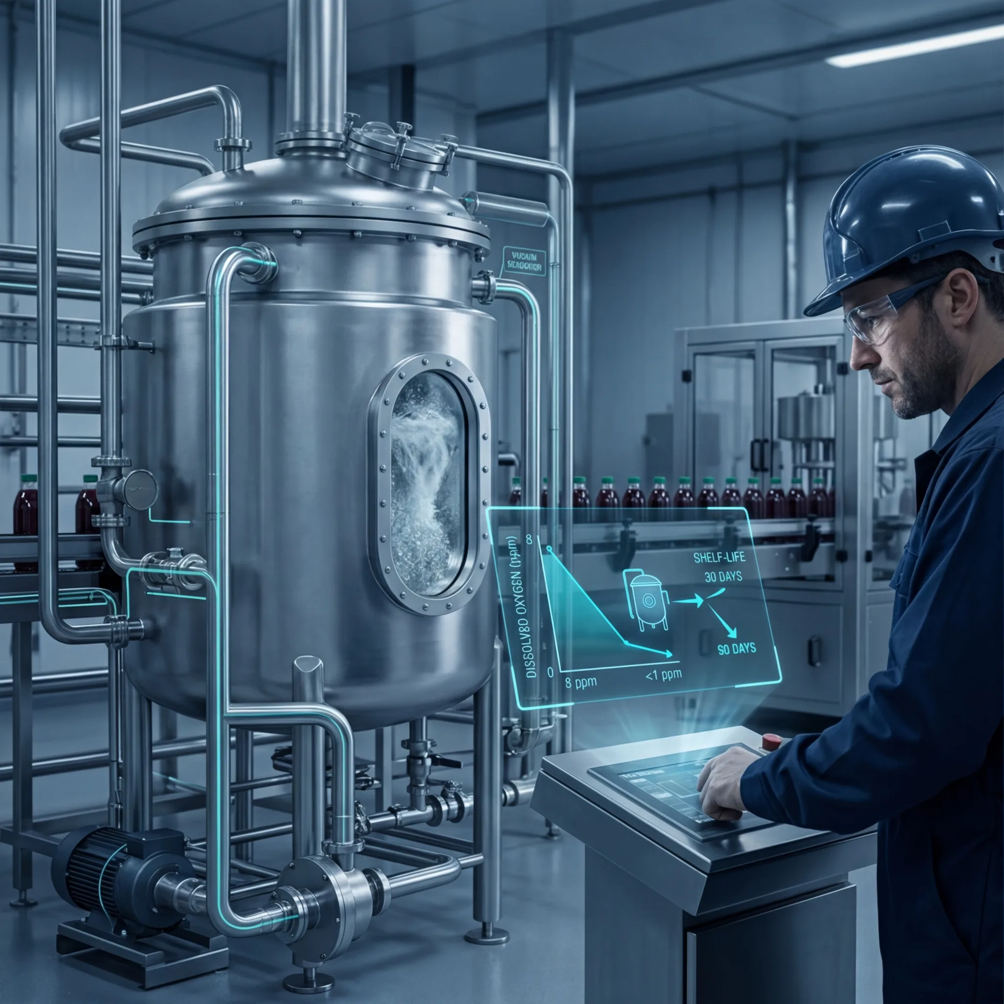 Engineer in blue hard hat monitoring a stainless steel vacuum deaeration tank with viewing window showing bubbling liquid and holographic display of dissolved oxygen and shelf-life data