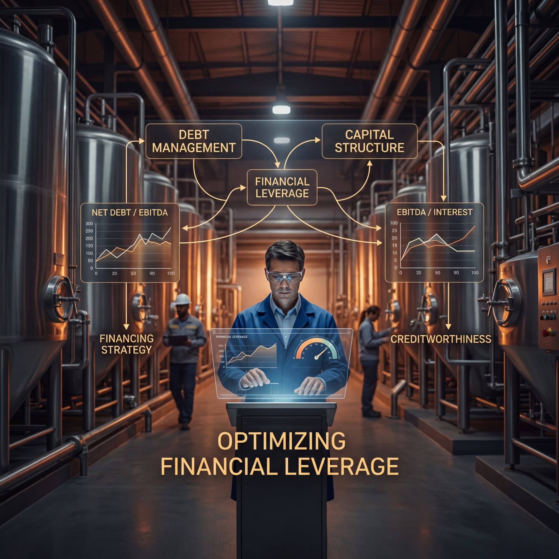 Financial executive reviewing debt management and capital structure leverage metrics in a food manufacturing facility