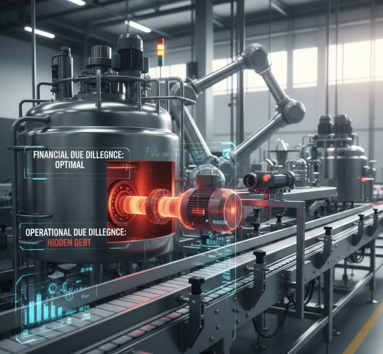 Industrial manufacturing equipment with diagnostic overlay showing financial due diligence as optimal while operational due diligence reveals hidden debt