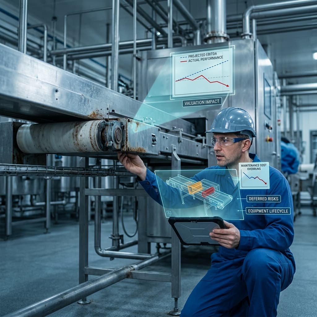Engineer inspecting food manufacturing equipment with digital deferred maintenance and equipment lifecycle diagnostic overlays