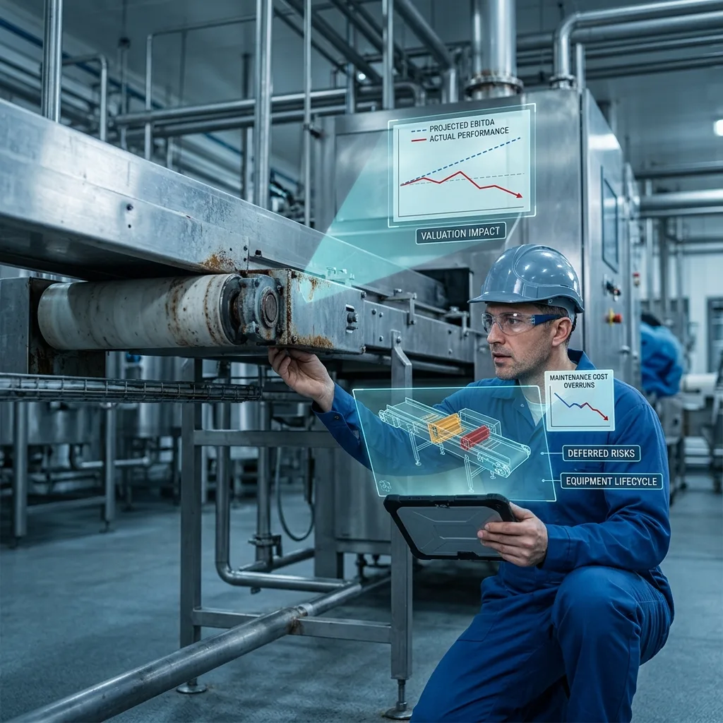 Engineer inspecting food manufacturing equipment with digital deferred maintenance and equipment lifecycle diagnostic overlays