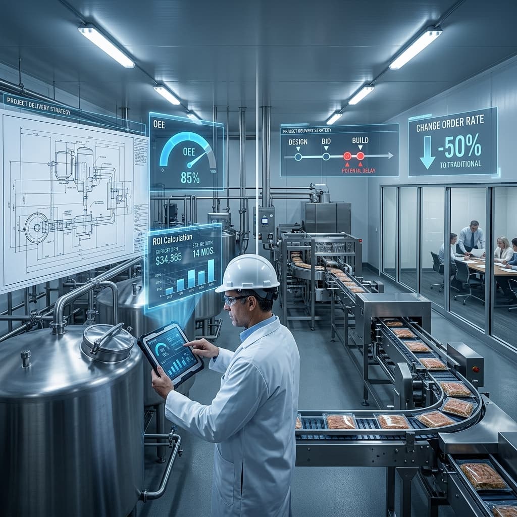 Engineer with tablet reviewing design plans and performance metrics in a food processing facility