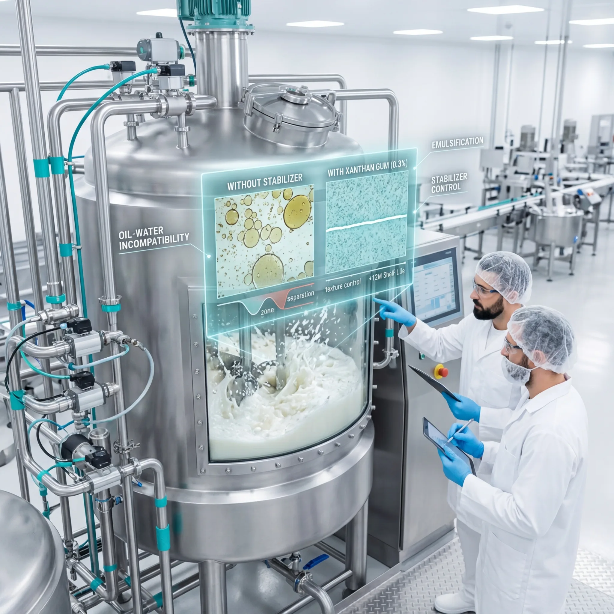 Food scientists in cleanroom gear monitoring an industrial emulsification tank with digital overlays showing oil-water mixing stability data