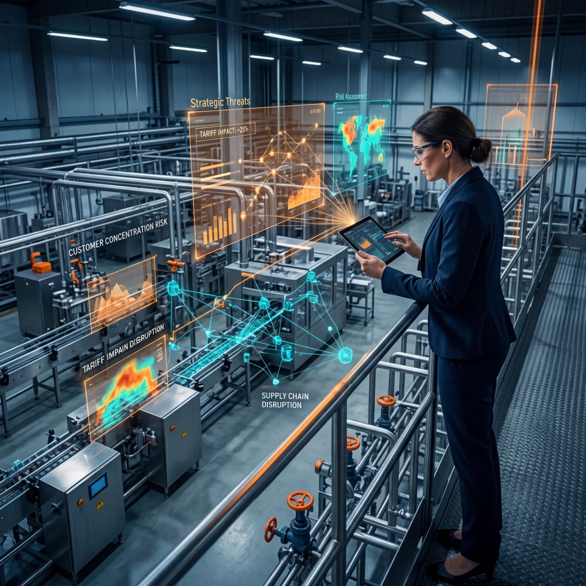 Executive monitoring risk assessment dashboards on tablet overlooking food production facility